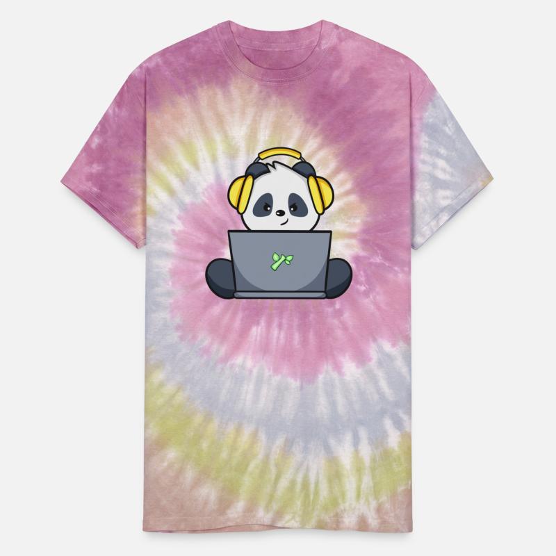 Cute panda with yellow headset and laptop