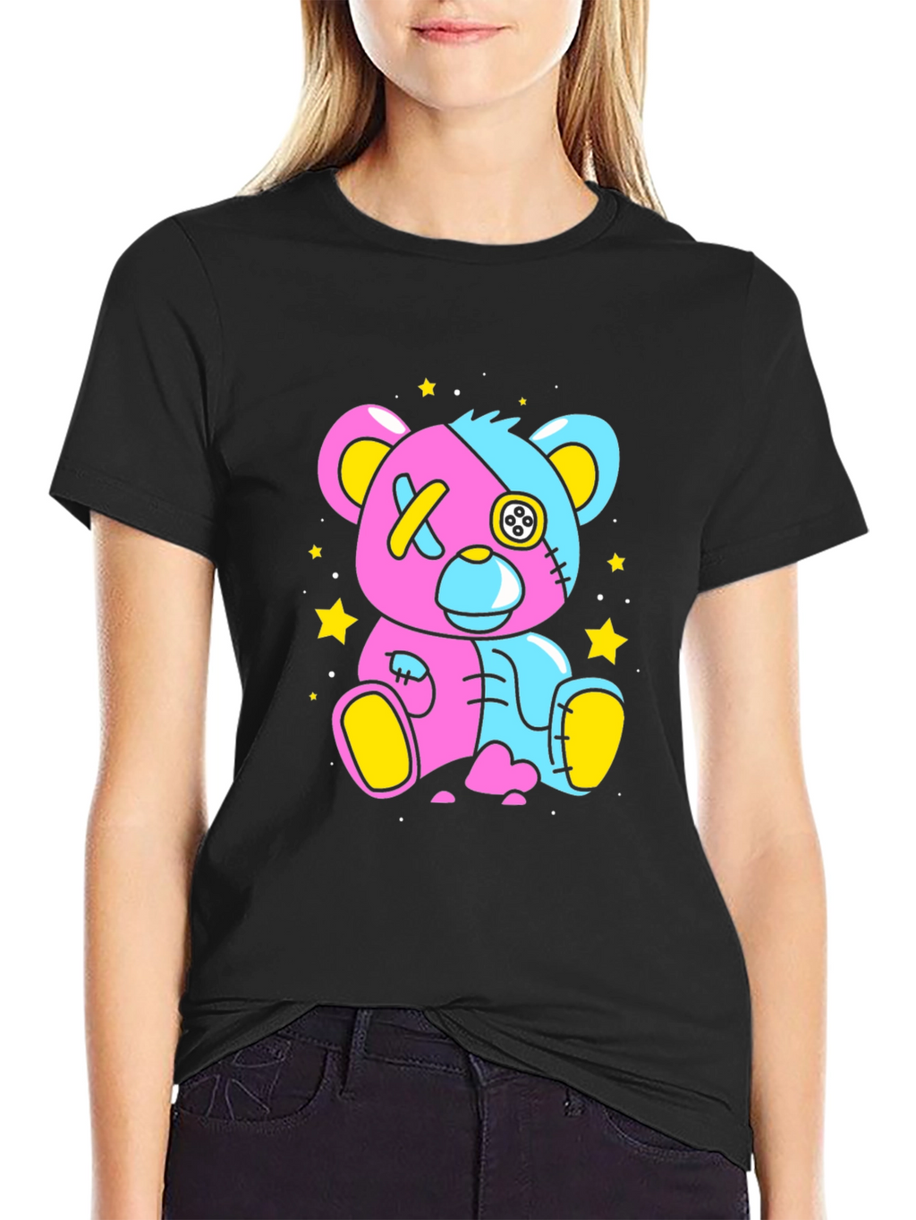 Two-Tone Teddy Bear Graphic T-Shirt - Unique Design