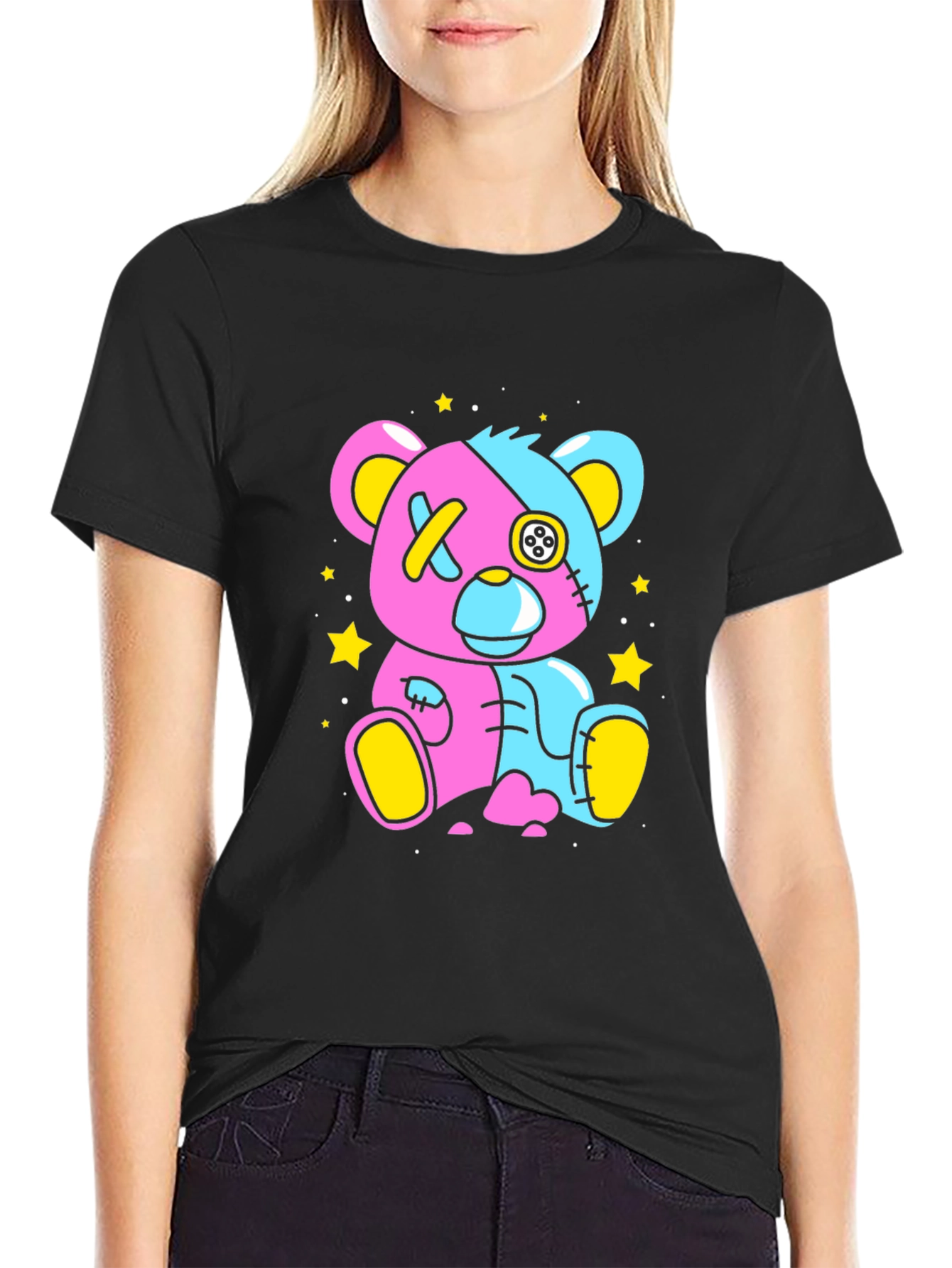 Two-Tone Teddy Bear Graphic T-Shirt - Unique Design