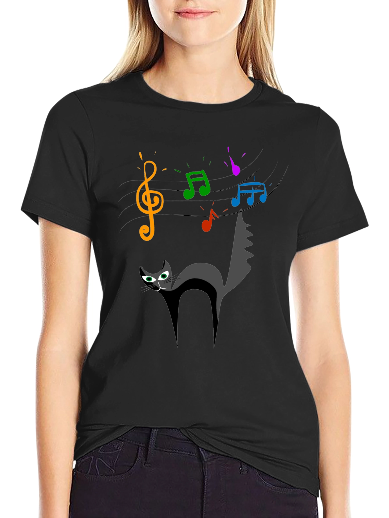 Cat Music T-Shirt - Quirky Black Tee for Cat Lovers
