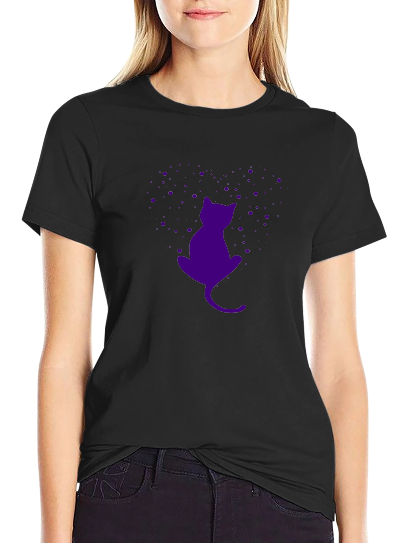 Purple Cat Silhouette Black T-Shirt