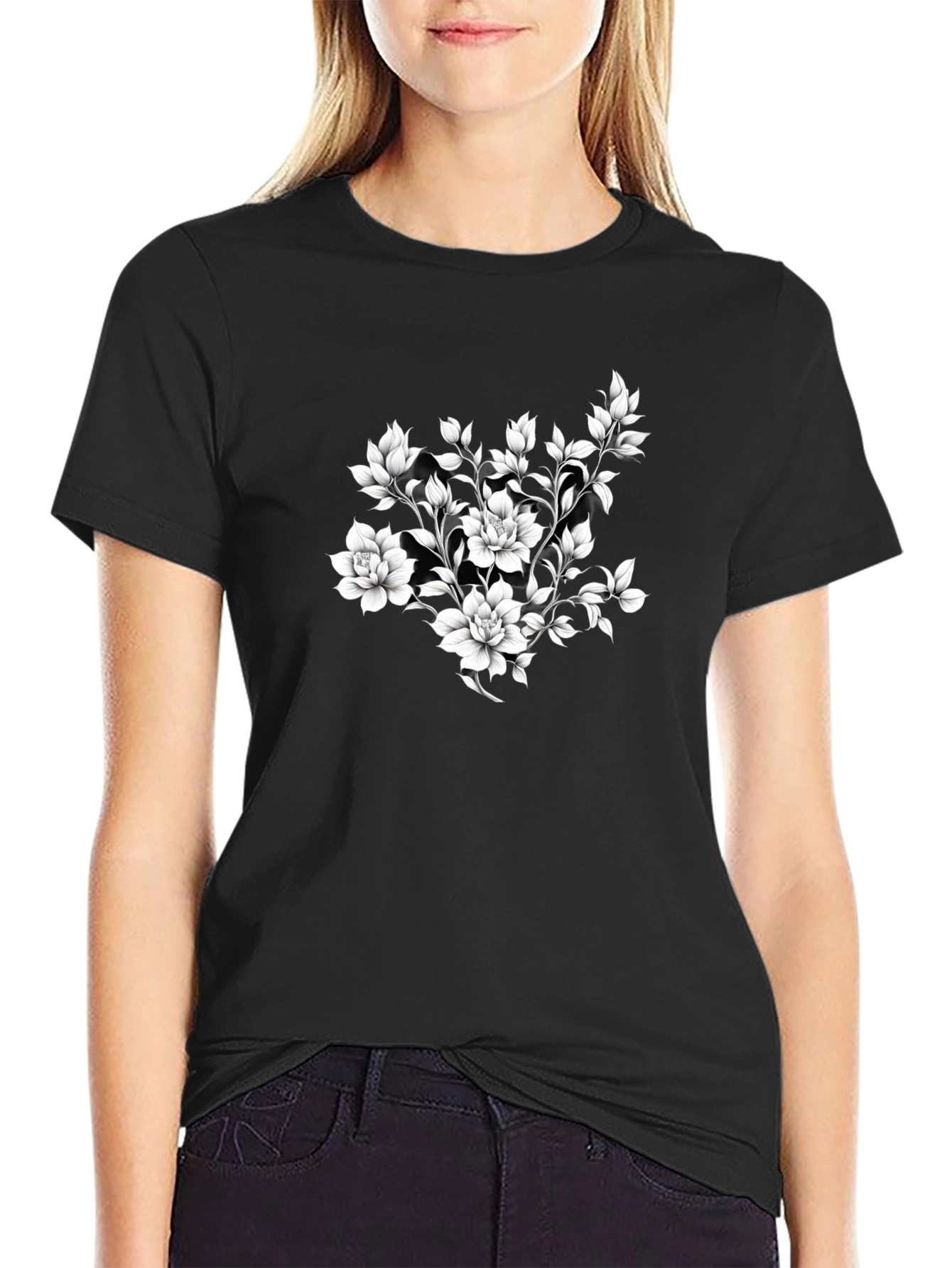 Elegant Floral Print Black T-Shirt