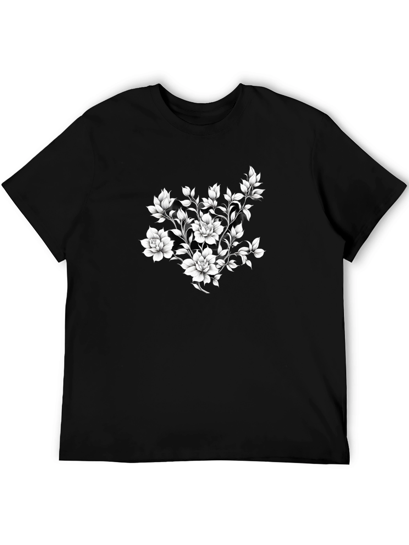 Elegant Floral Print Black T-Shirt