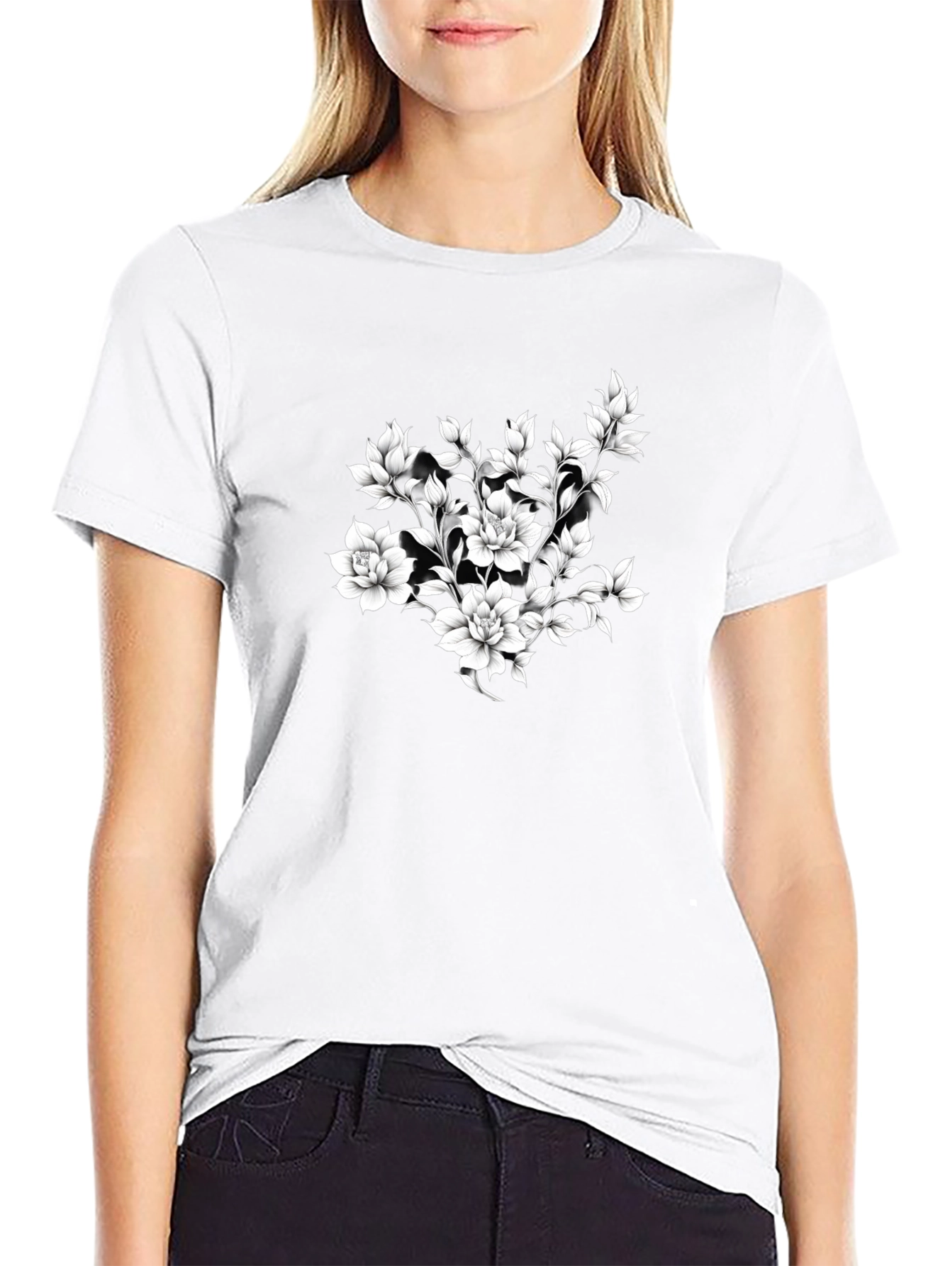 Elegant Floral Print Black T-Shirt