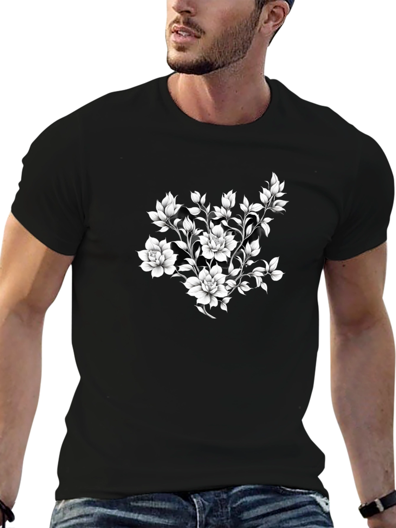 Elegant Floral Print Black T-Shirt