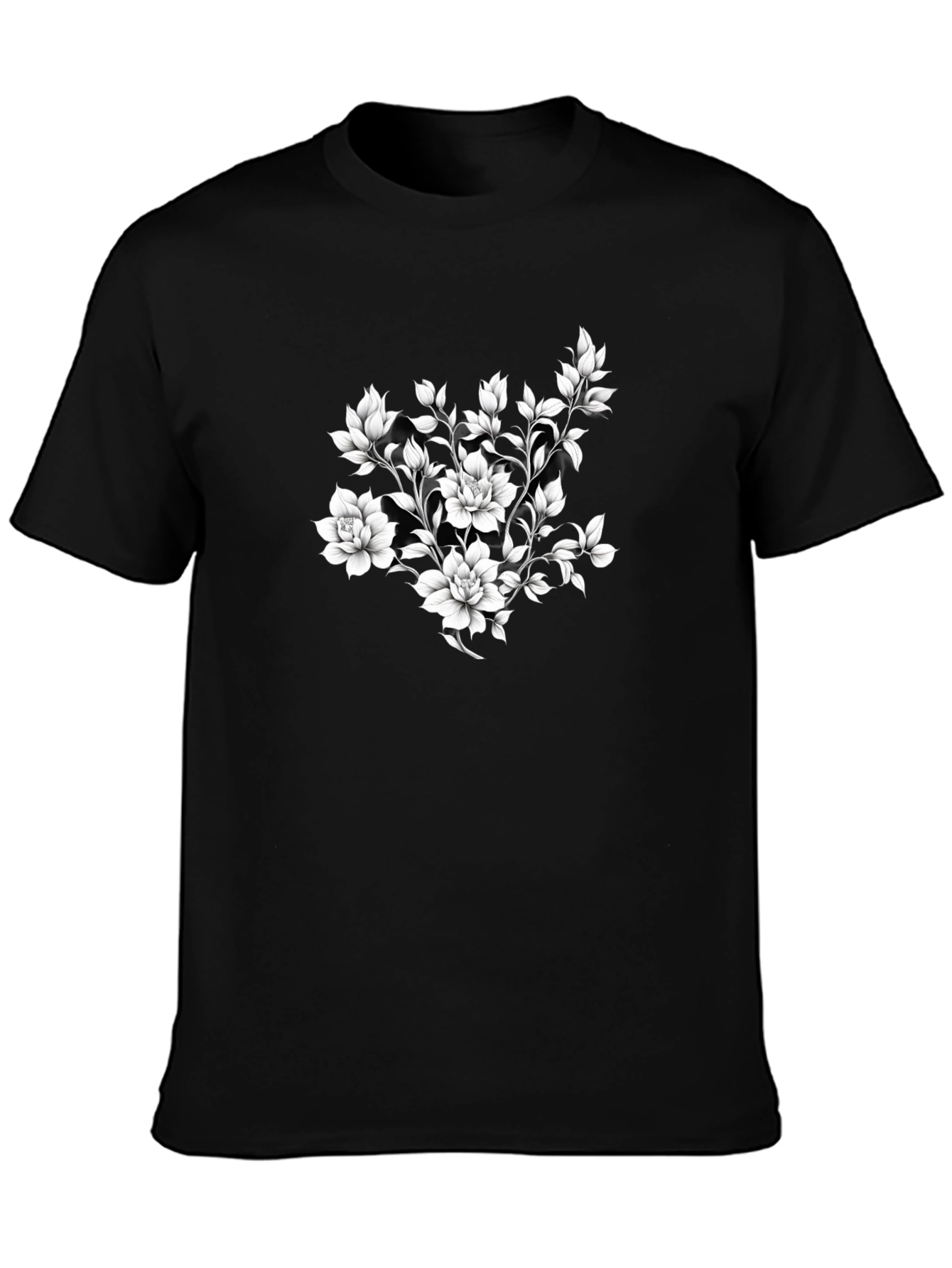Elegant Floral Print Black T-Shirt