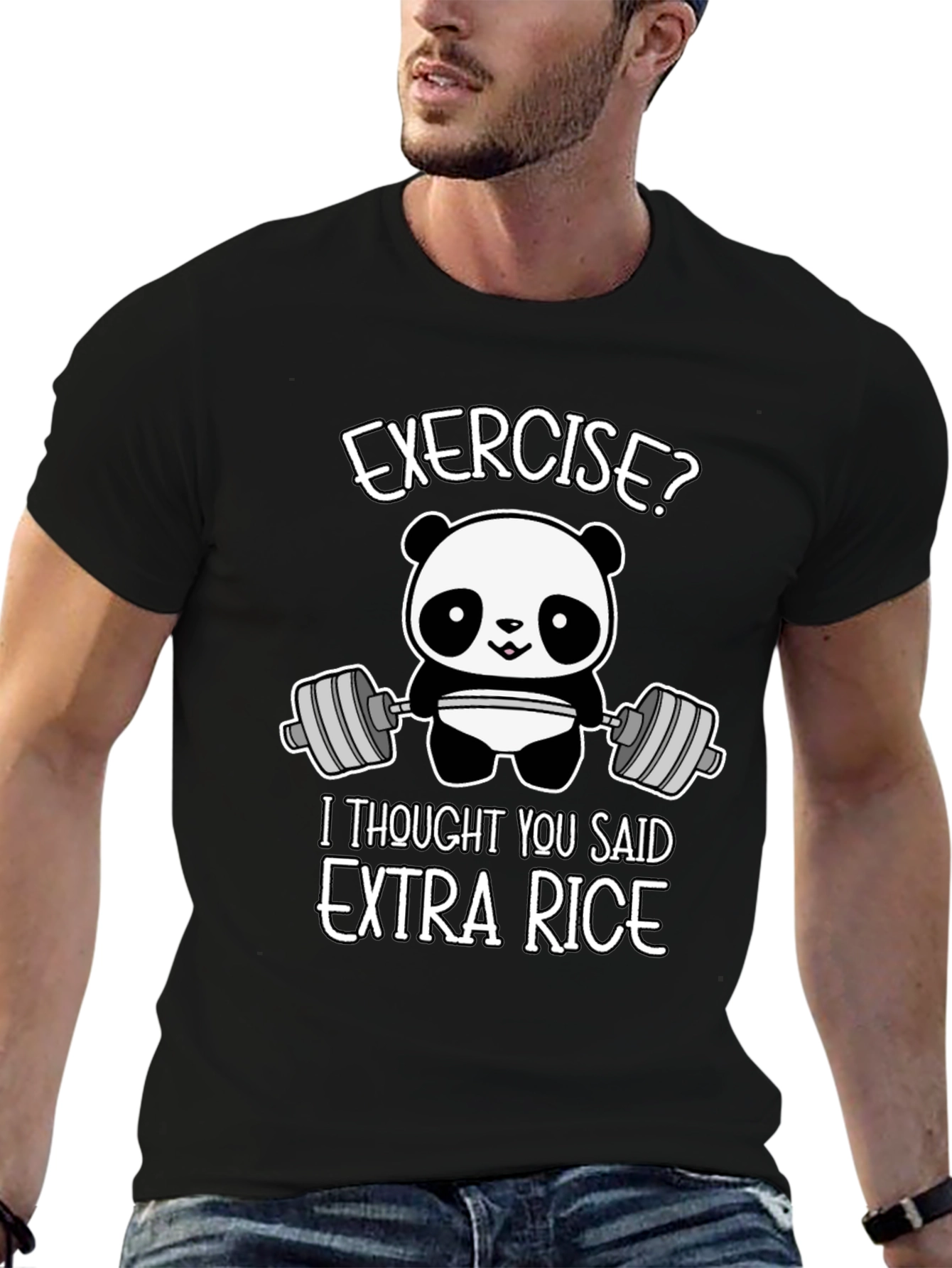 Funny Panda Exercise? Extra Rice Black T-Shirt