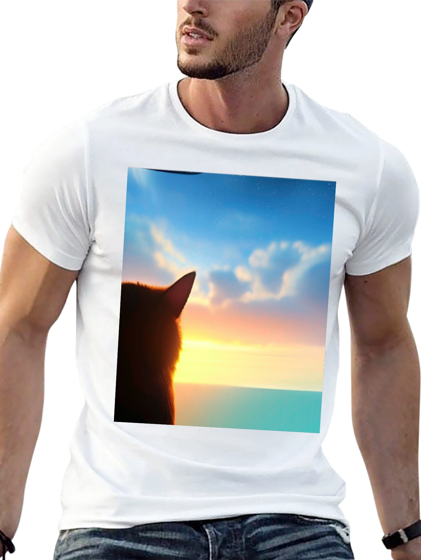 Sunset Cat Graphic Tee - Soft Black Cotton