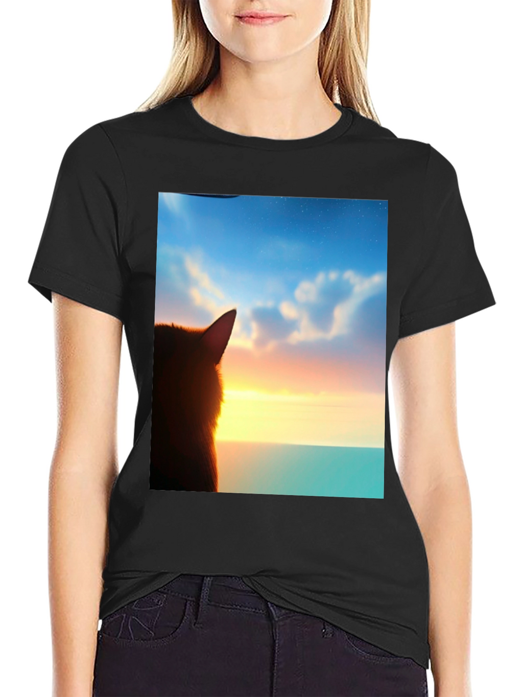 Sunset Cat Graphic Tee - Soft Black Cotton