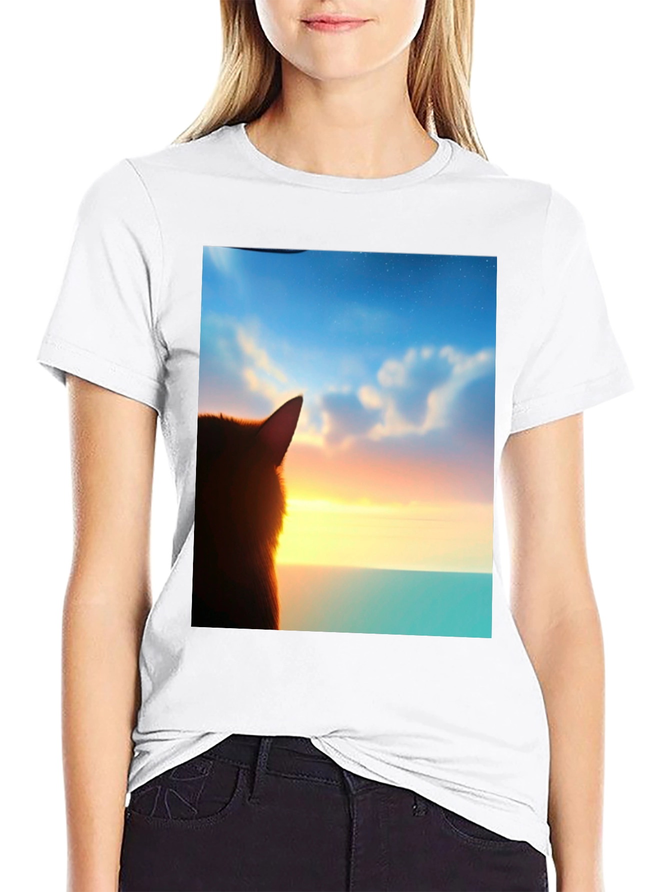 Sunset Cat Graphic Tee - Soft Black Cotton