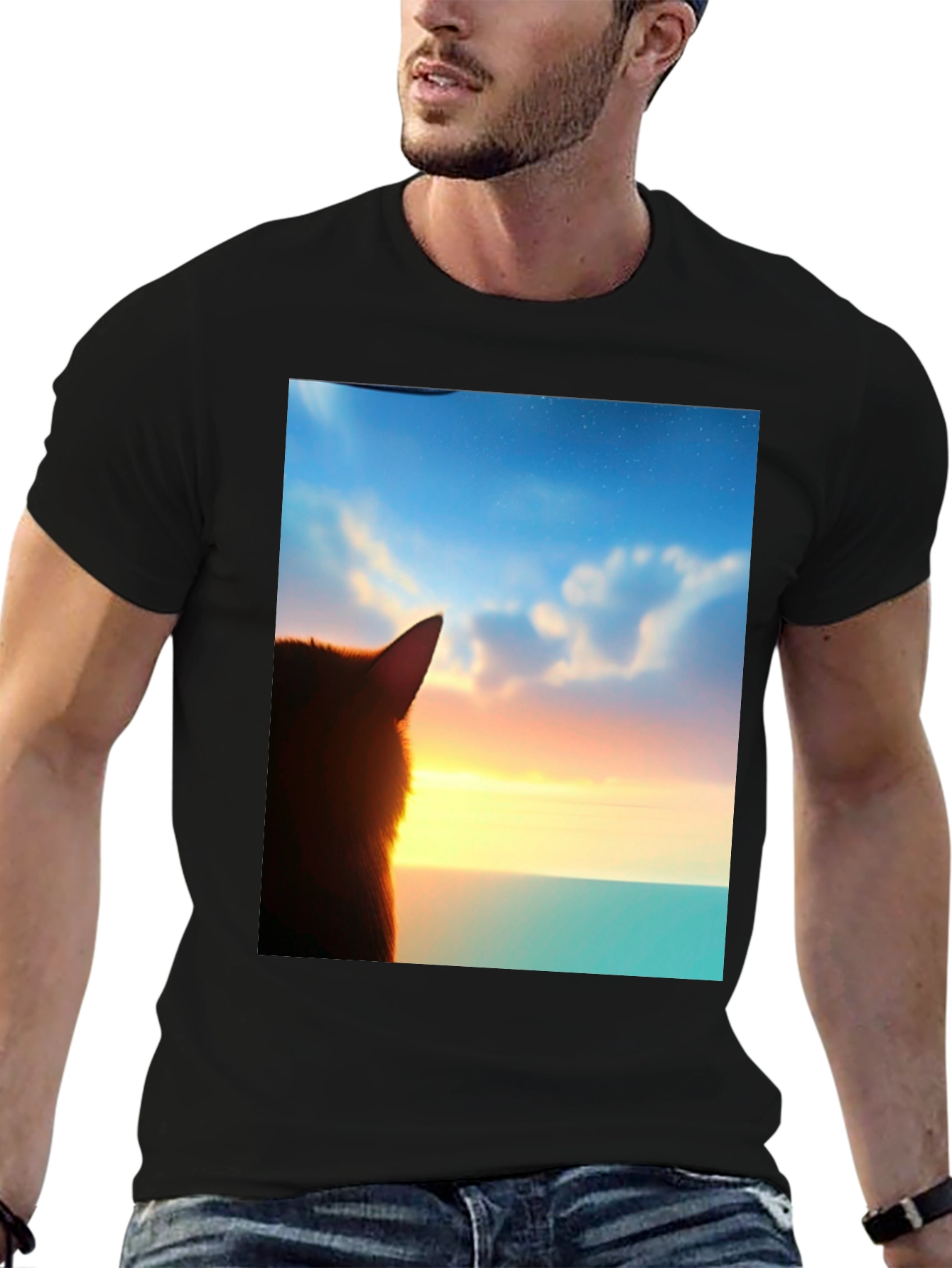 Sunset Cat Graphic Tee - Soft Black Cotton