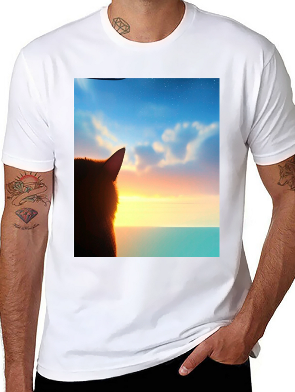 Sunset Cat Graphic Tee - Soft Black Cotton