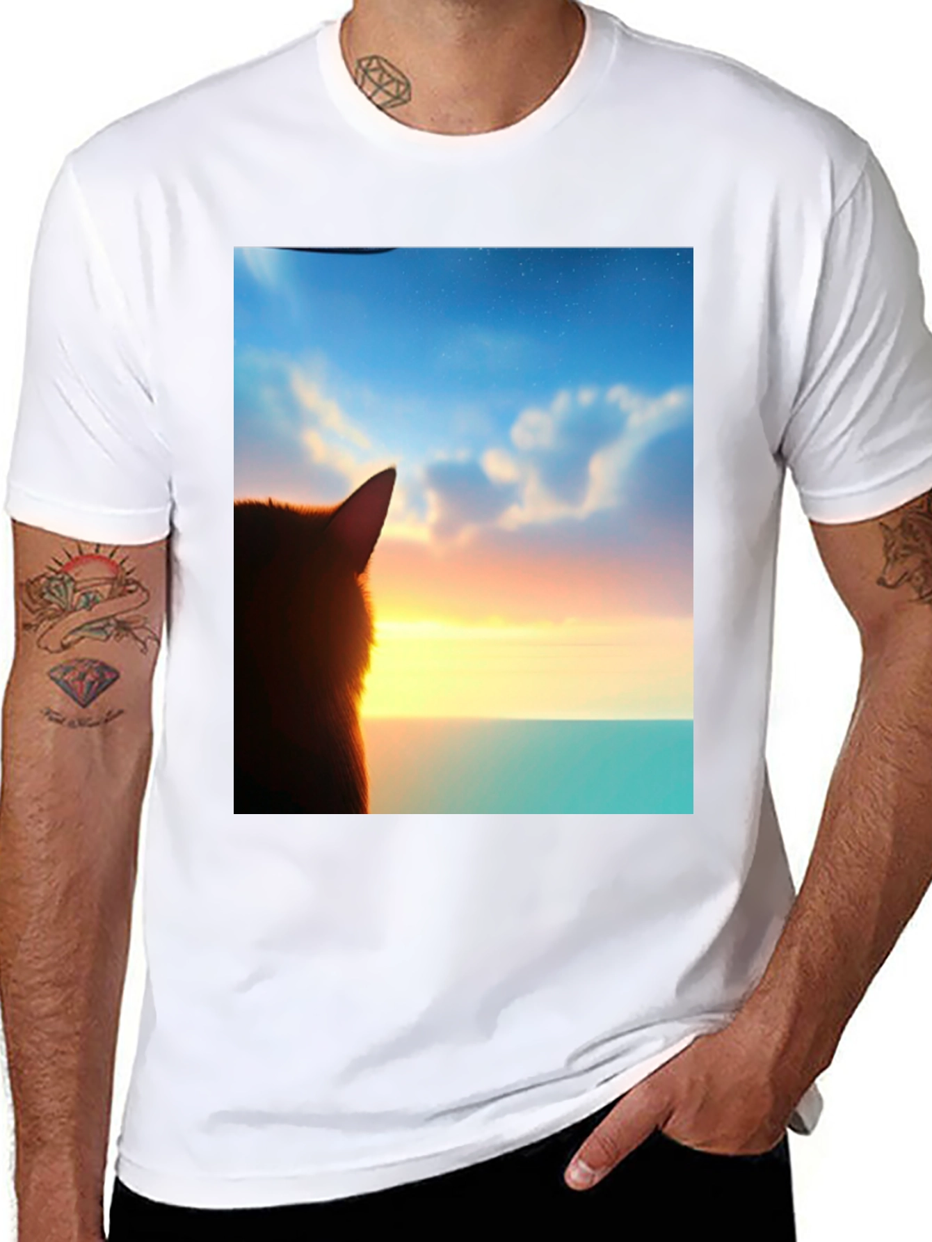 Sunset Cat Graphic Tee - Soft Black Cotton