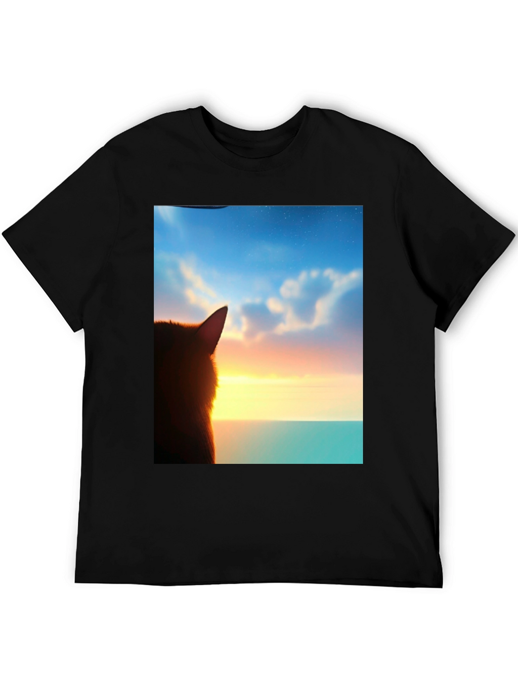 Sunset Cat Graphic Tee - Soft Black Cotton