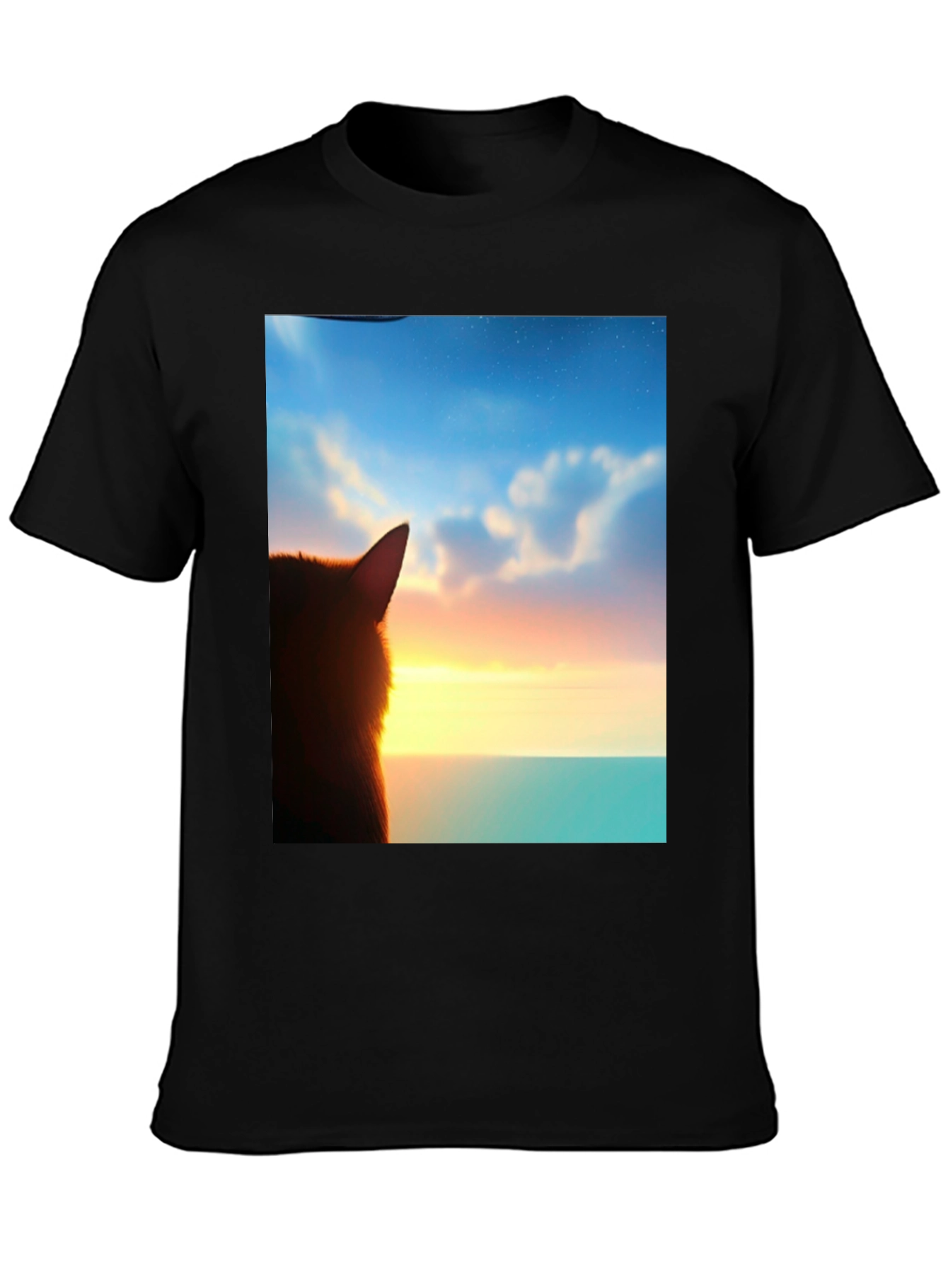 Sunset Cat Graphic Tee - Soft Black Cotton