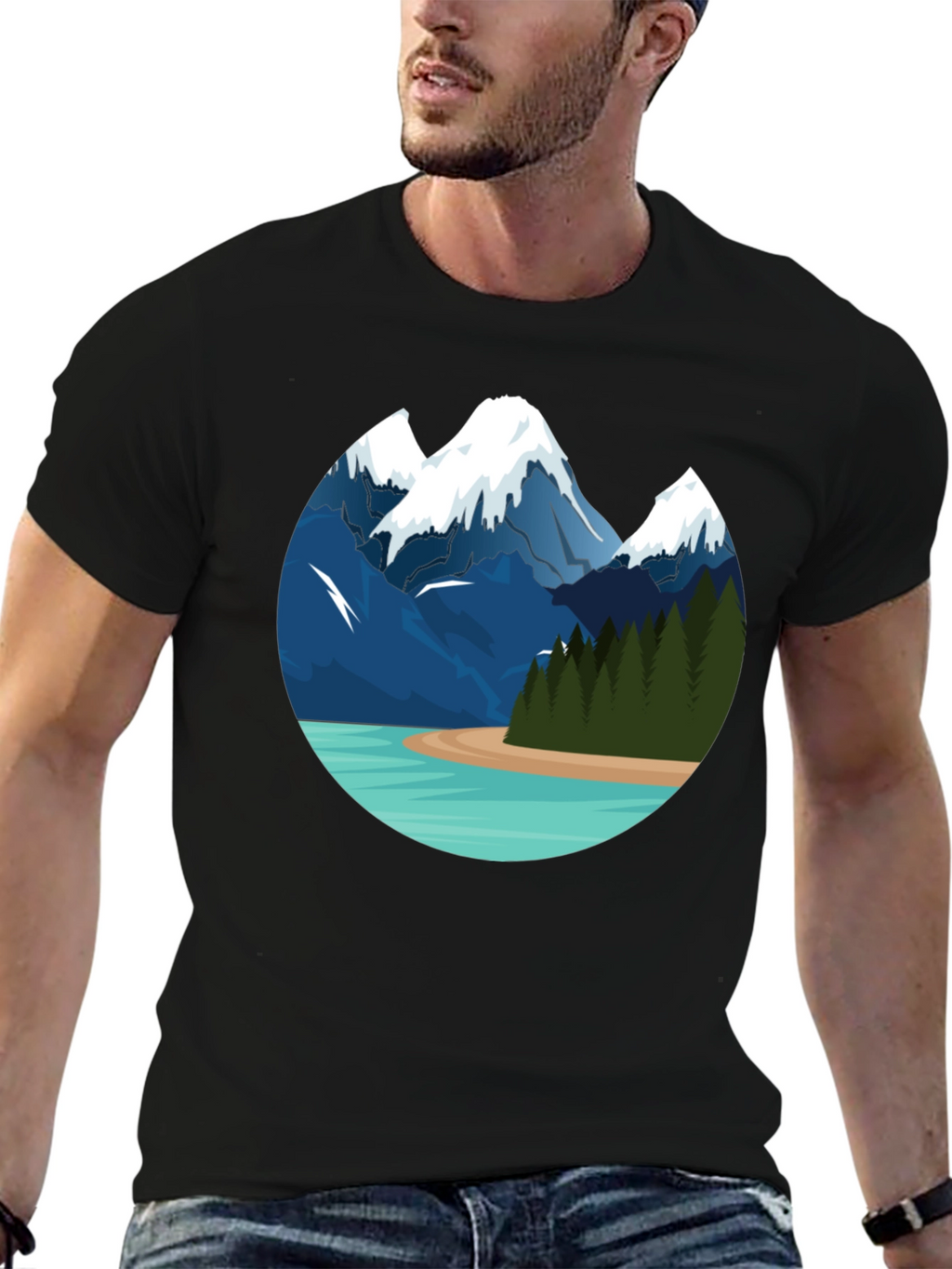 Mountain Lake Graphic Tee - Black Cotton T-Shirt