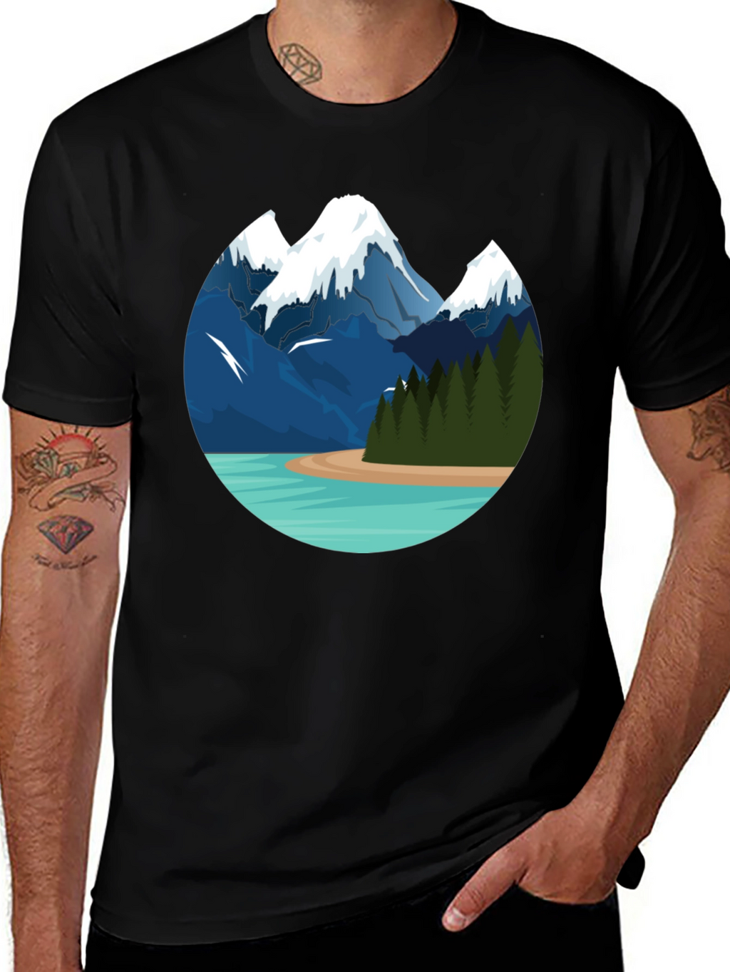 Mountain Lake Graphic Tee - Black Cotton T-Shirt