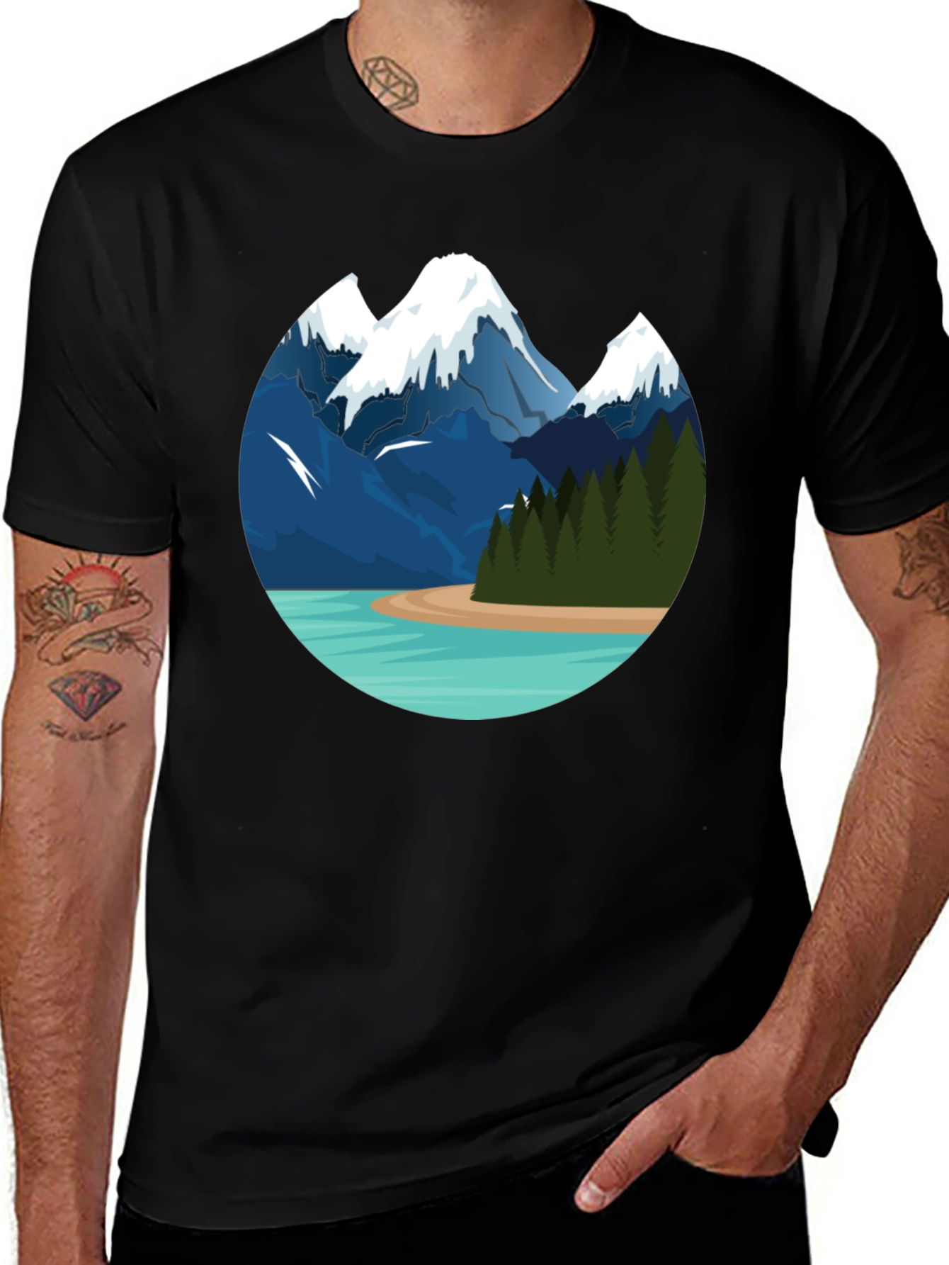 Mountain Lake Graphic Tee - Black Cotton T-Shirt