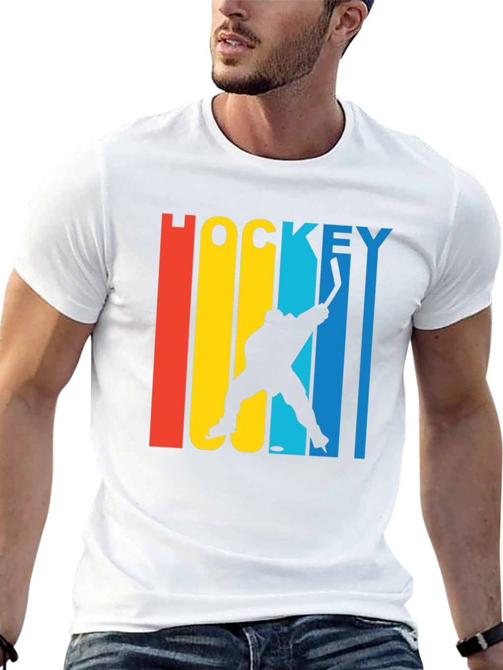 Retro Hockey Player Graphic Tee - Black Cotton Blend