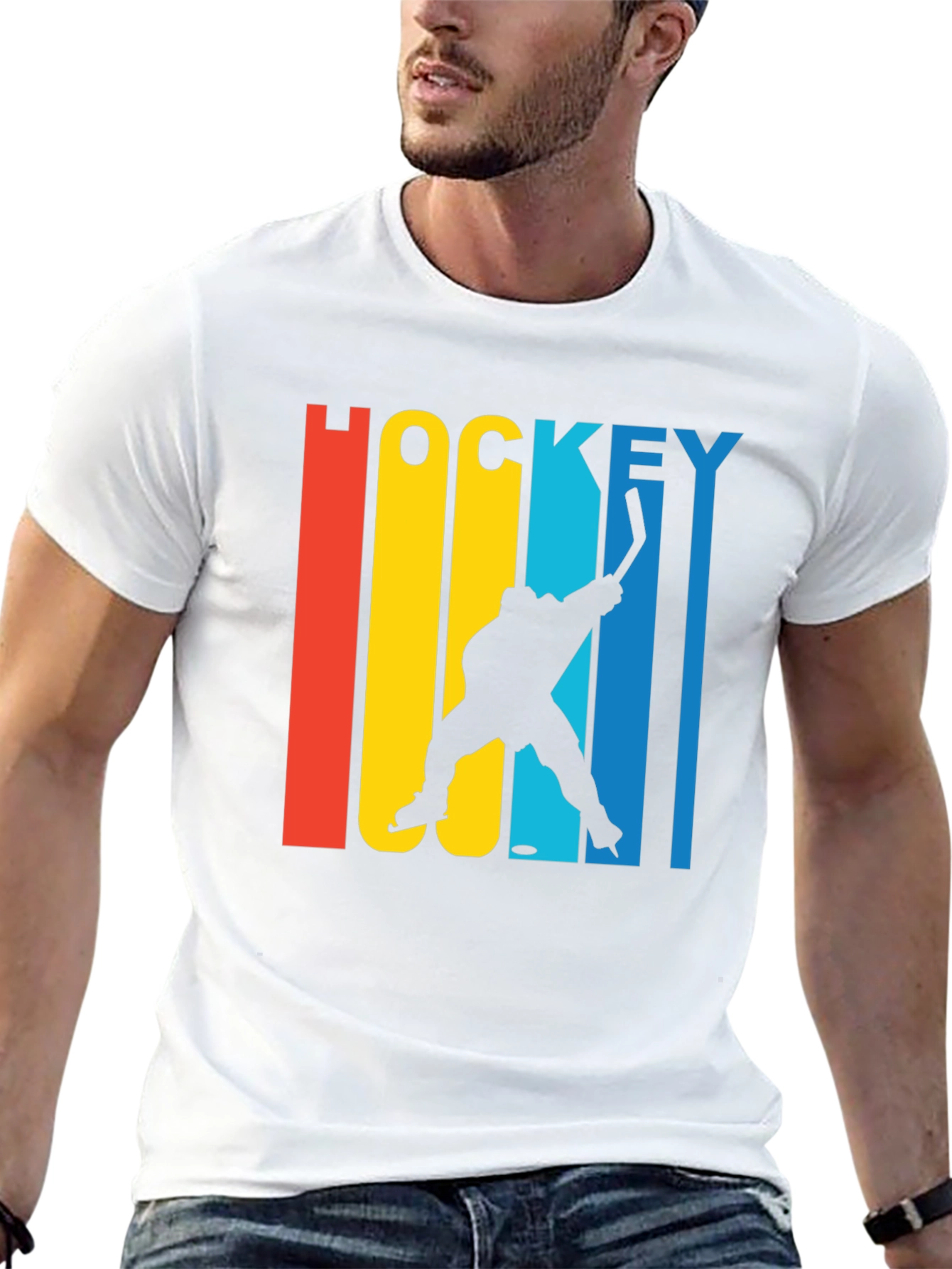 Retro Hockey Player Graphic Tee - Black Cotton Blend