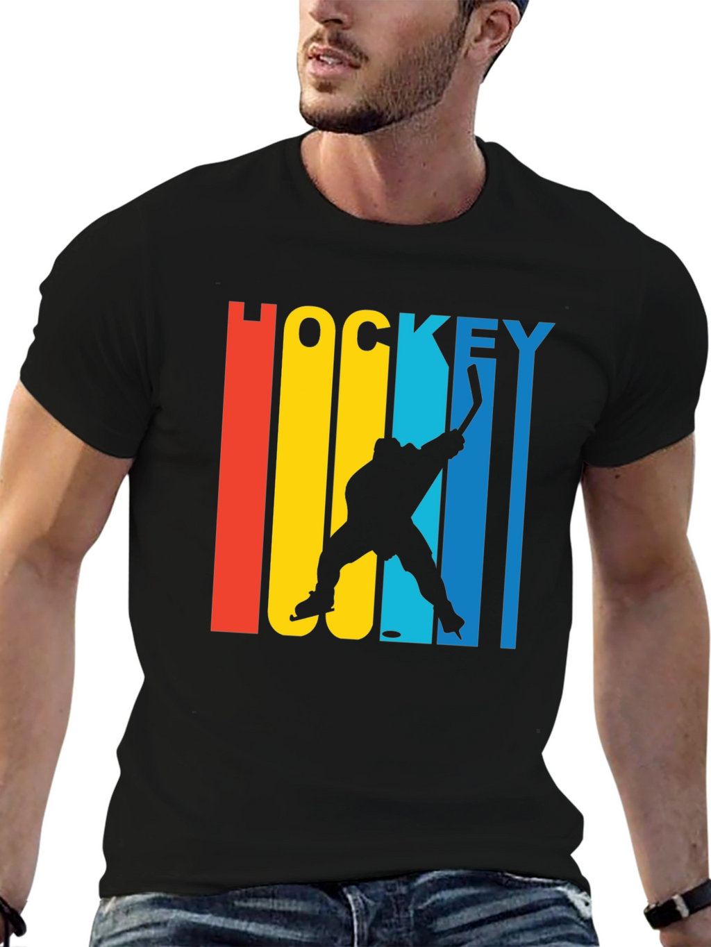 Retro Hockey Player Graphic Tee - Black Cotton Blend
