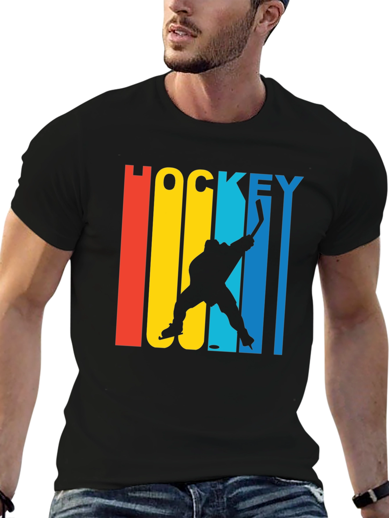 Retro Hockey Player Graphic Tee - Black Cotton Blend