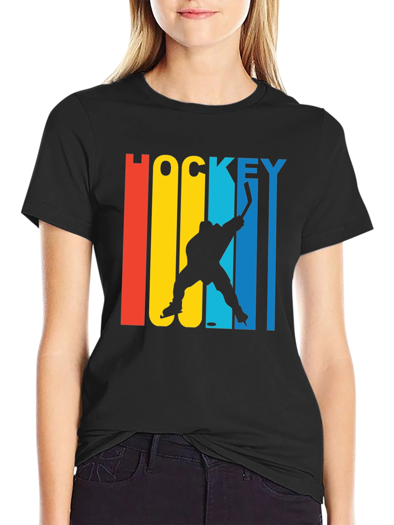 Retro Hockey Player Graphic Tee - Black Cotton Blend