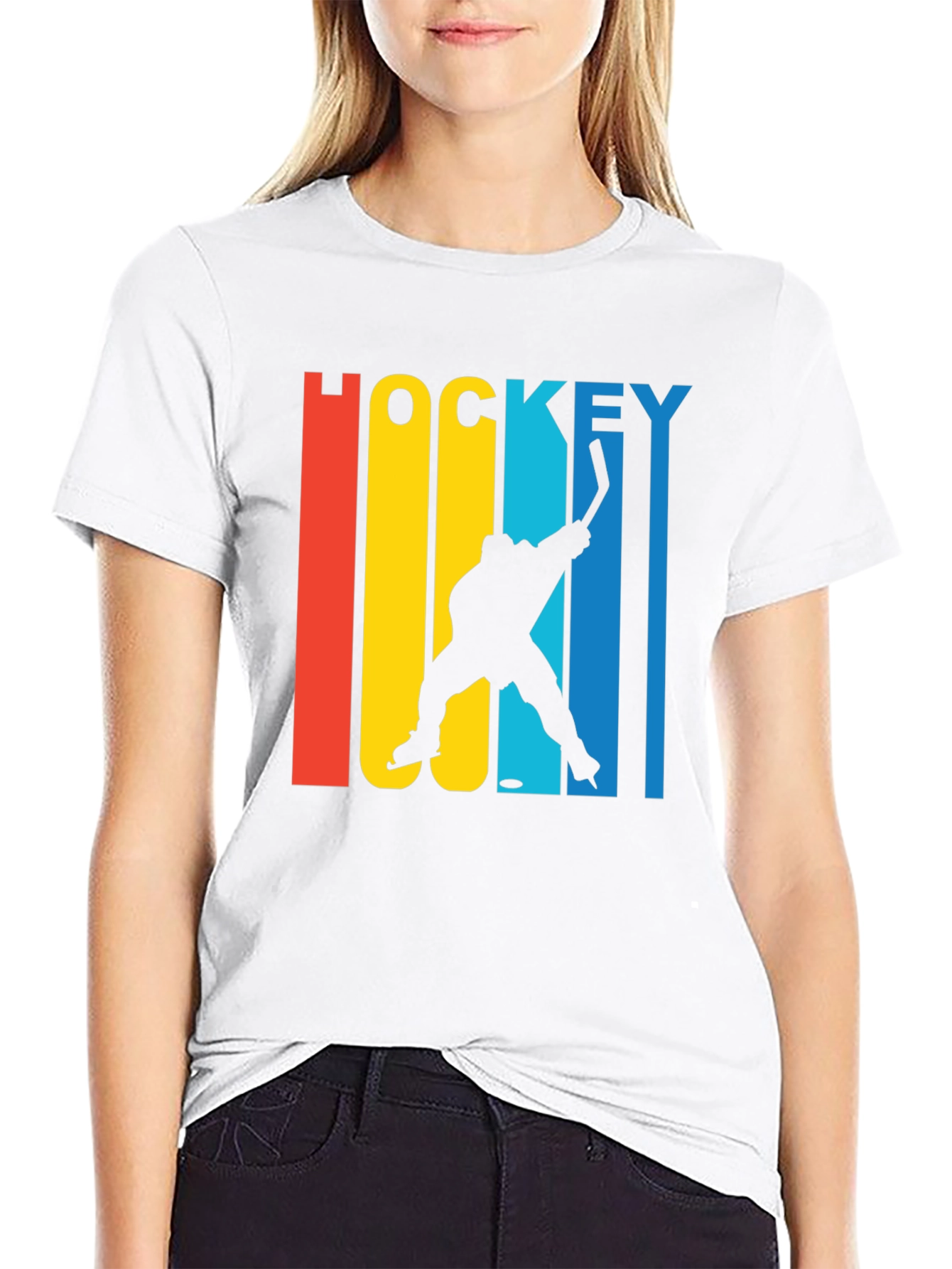 Retro Hockey Player Graphic Tee - Black Cotton Blend