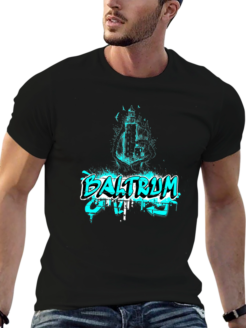Baltraum Island Lighthouse Graphic Tee - Black