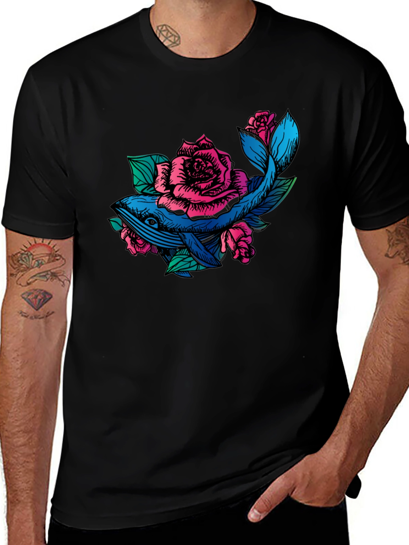 Whale and Roses Graphic T-Shirt - Black
