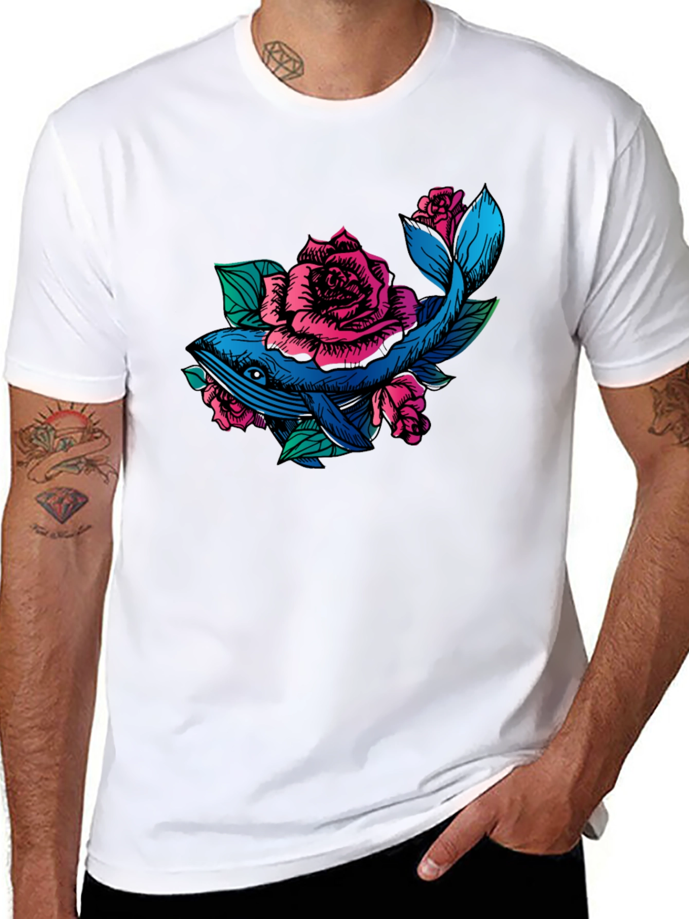 Whale and Roses Graphic T-Shirt - Black