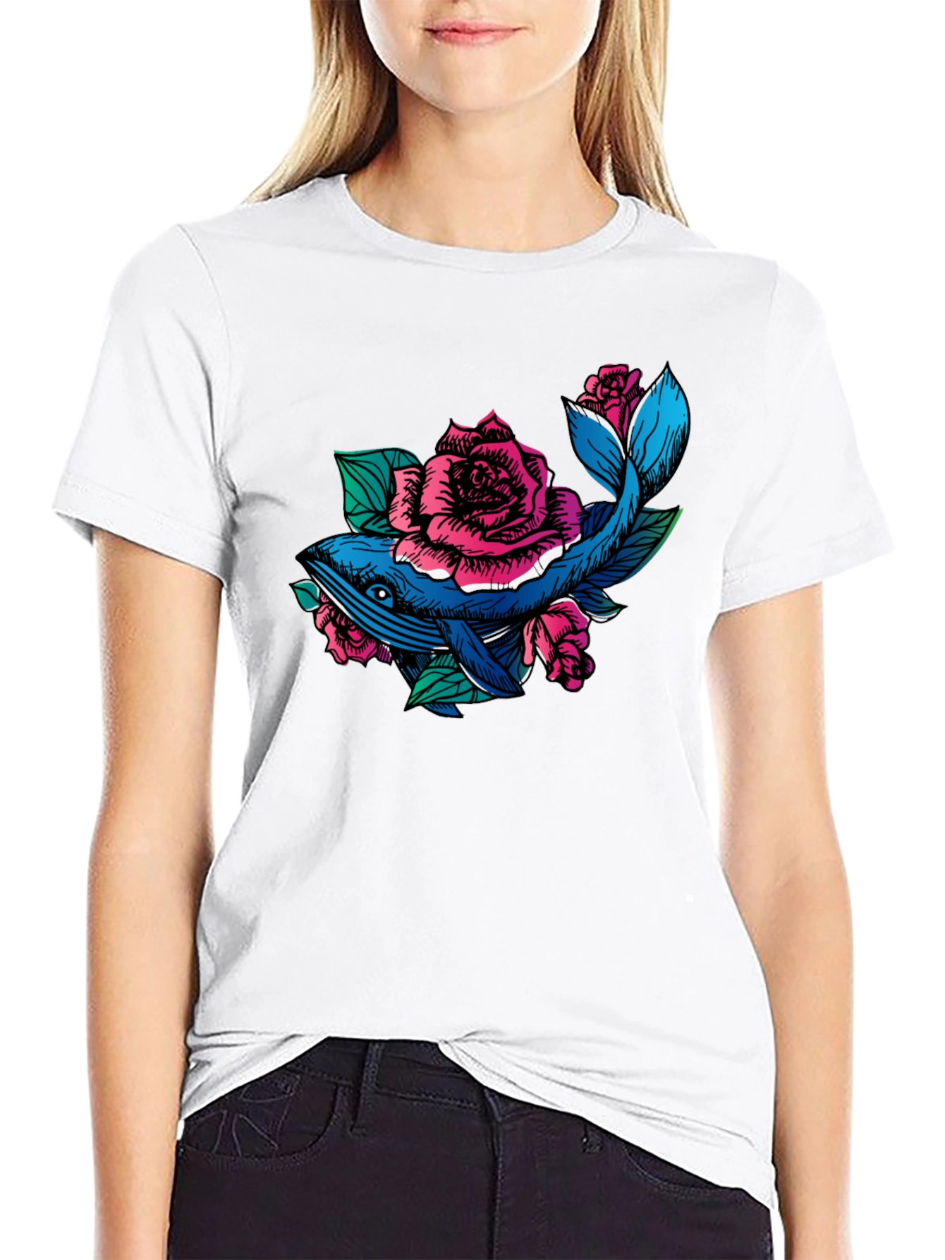 Whale and Roses Graphic T-Shirt - Black