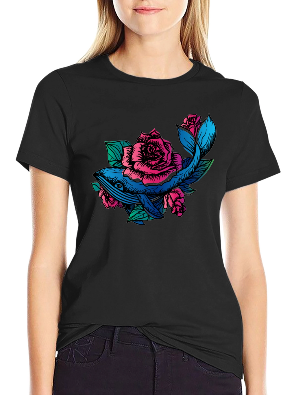 Whale and Roses Graphic T-Shirt - Black