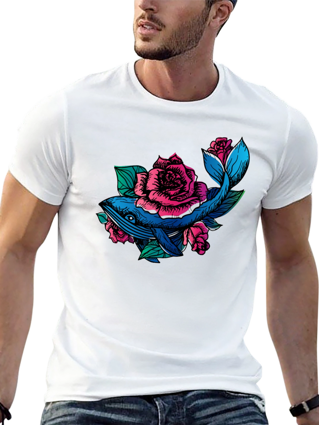 Whale and Roses Graphic T-Shirt - Black
