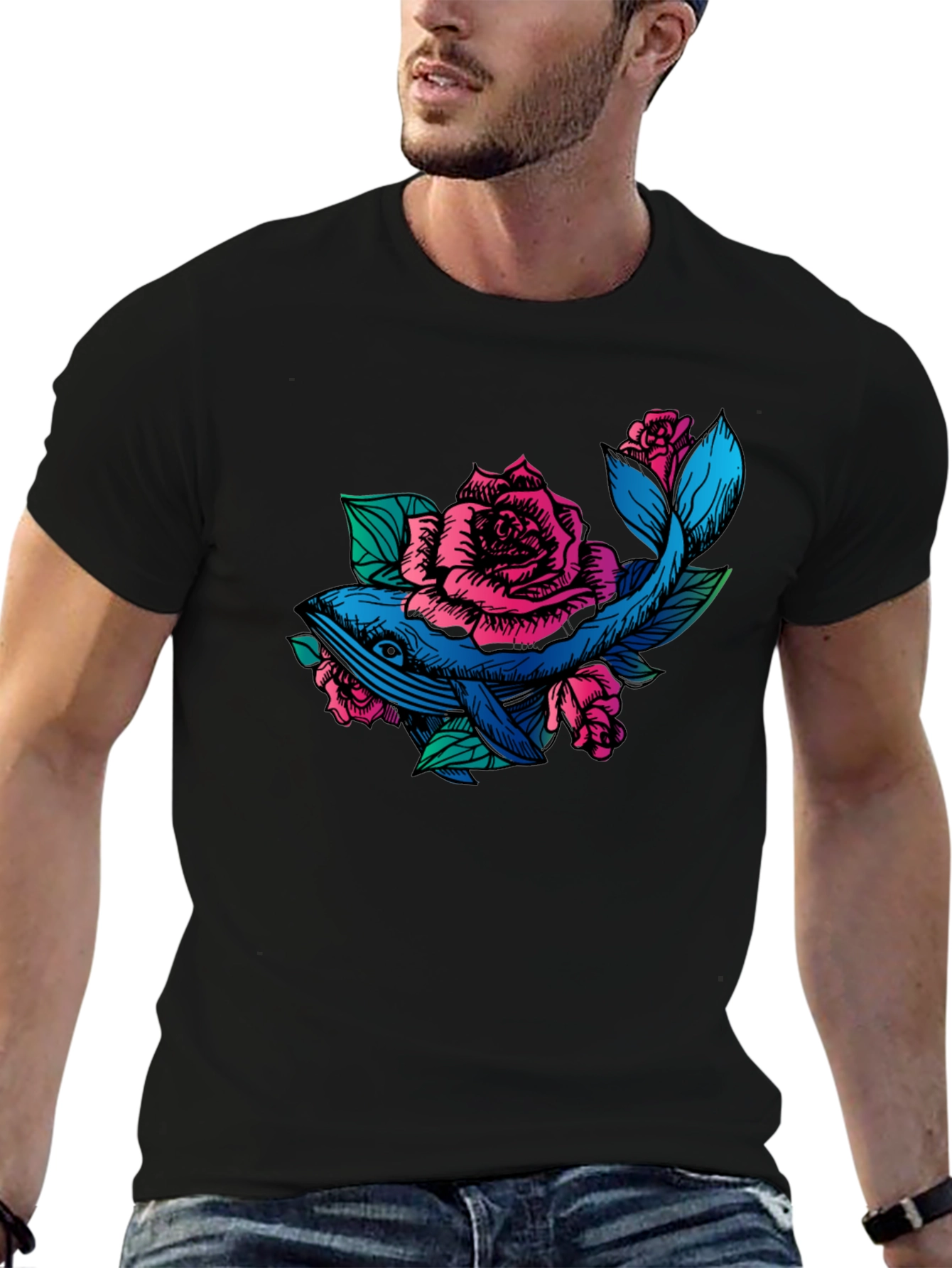 Whale and Roses Graphic T-Shirt - Black