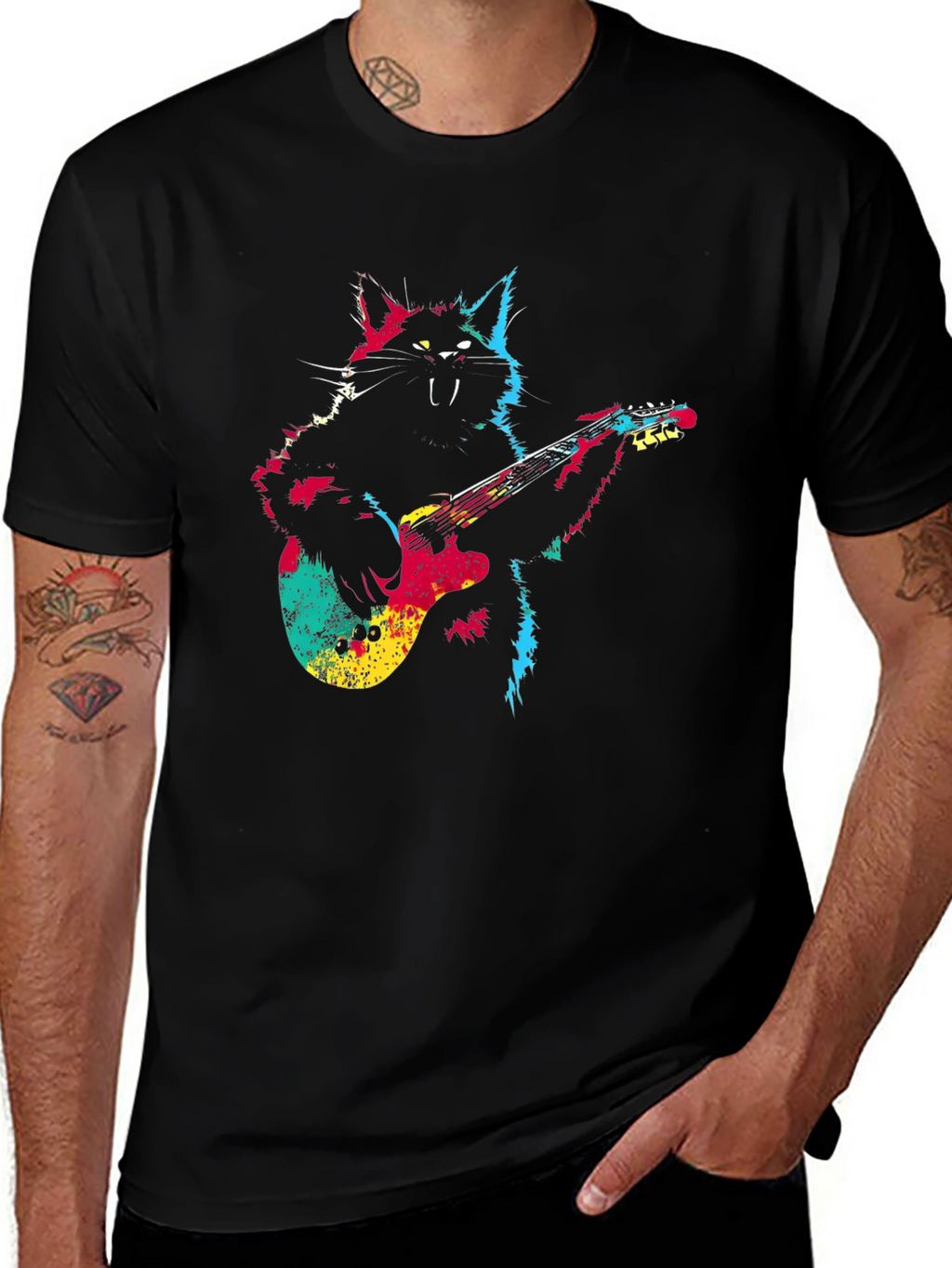 Rock Cat Guitar T-Shirt - Cool Graphic Tee
