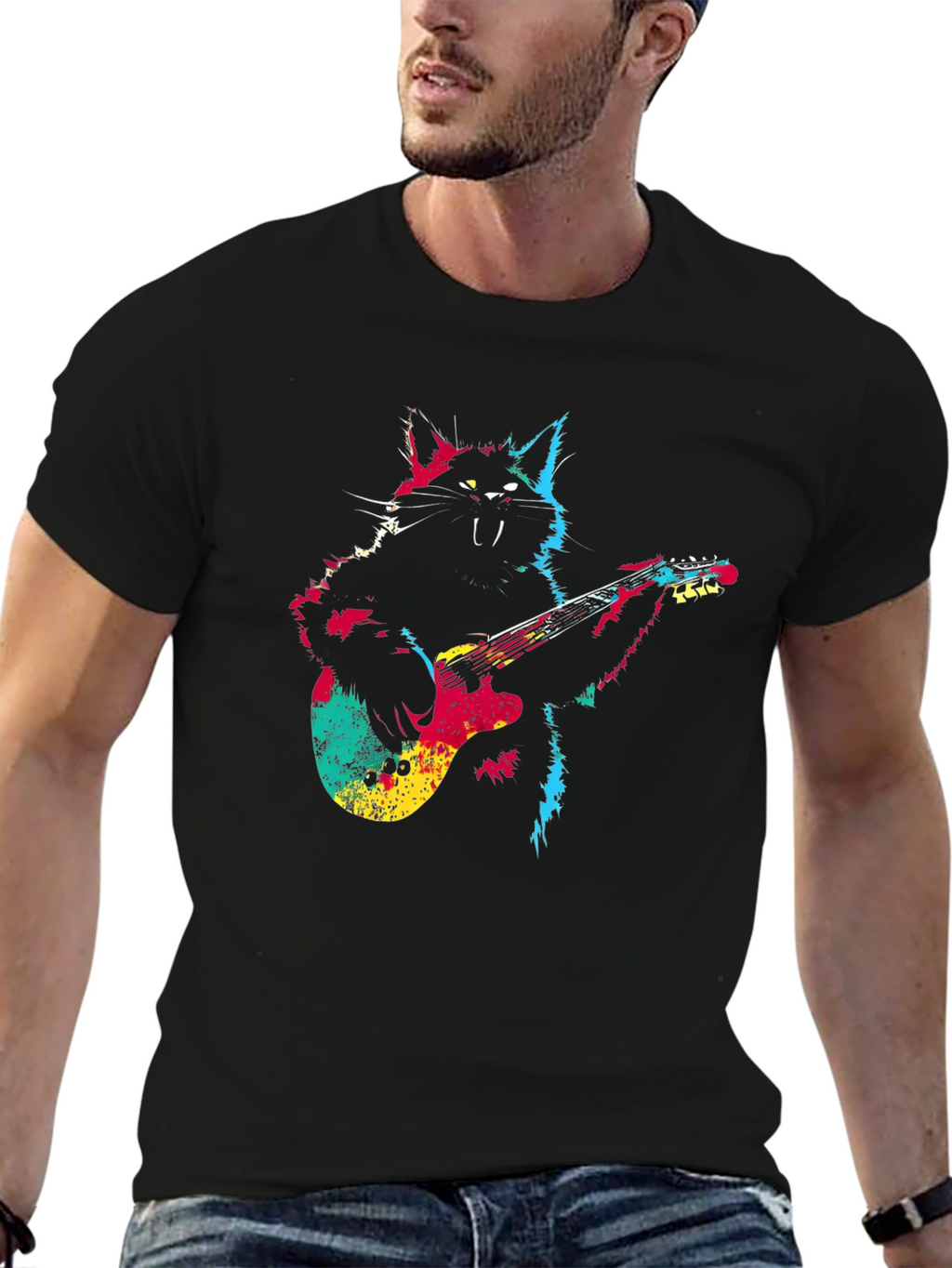 Rock Cat Guitar T-Shirt - Cool Graphic Tee