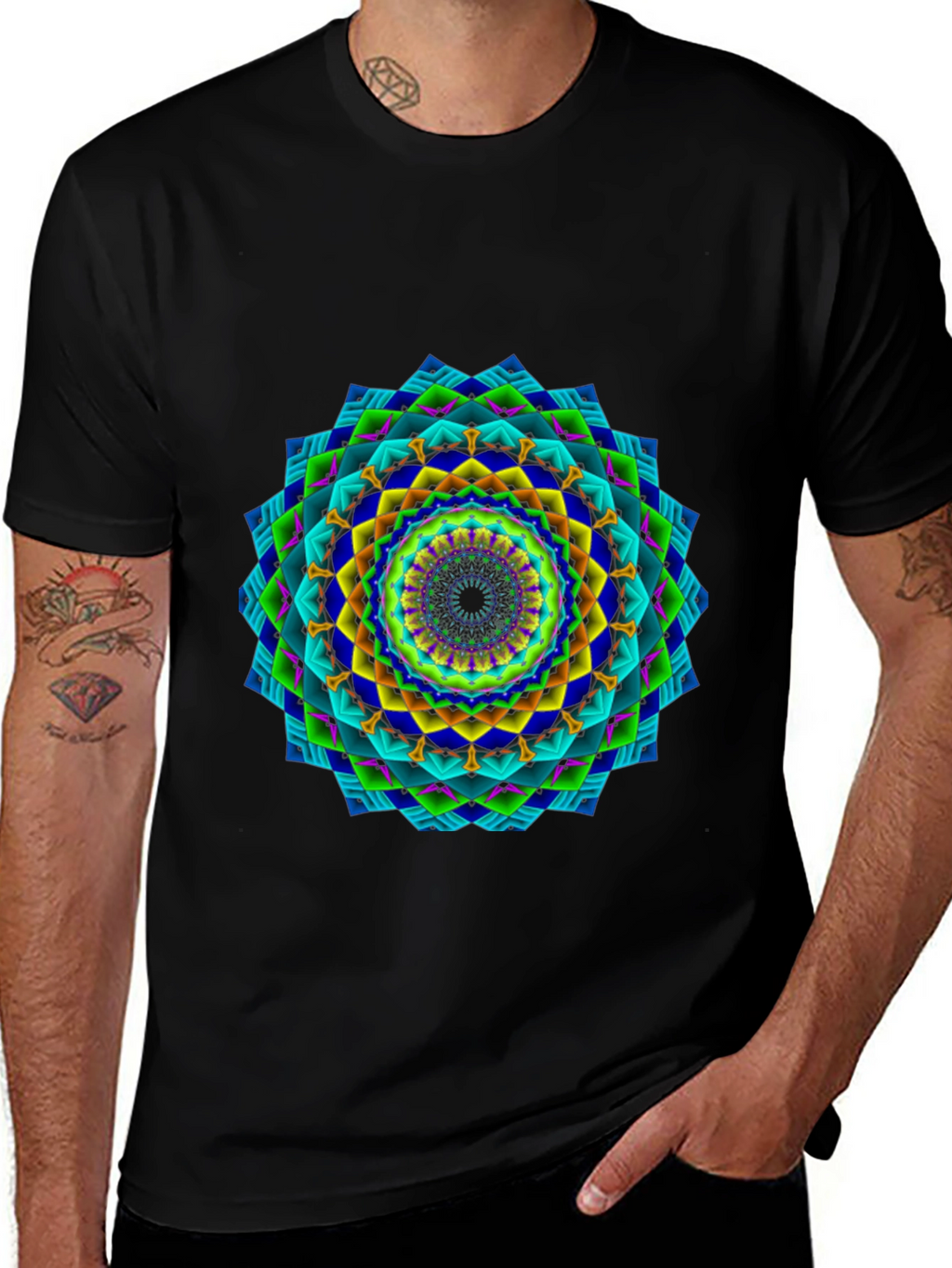Vibrant Geometric Mandala Black T-Shirt