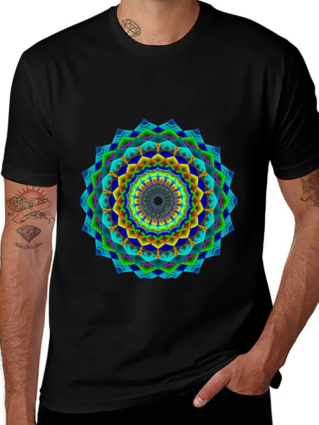 Vibrant Geometric Mandala Black T-Shirt