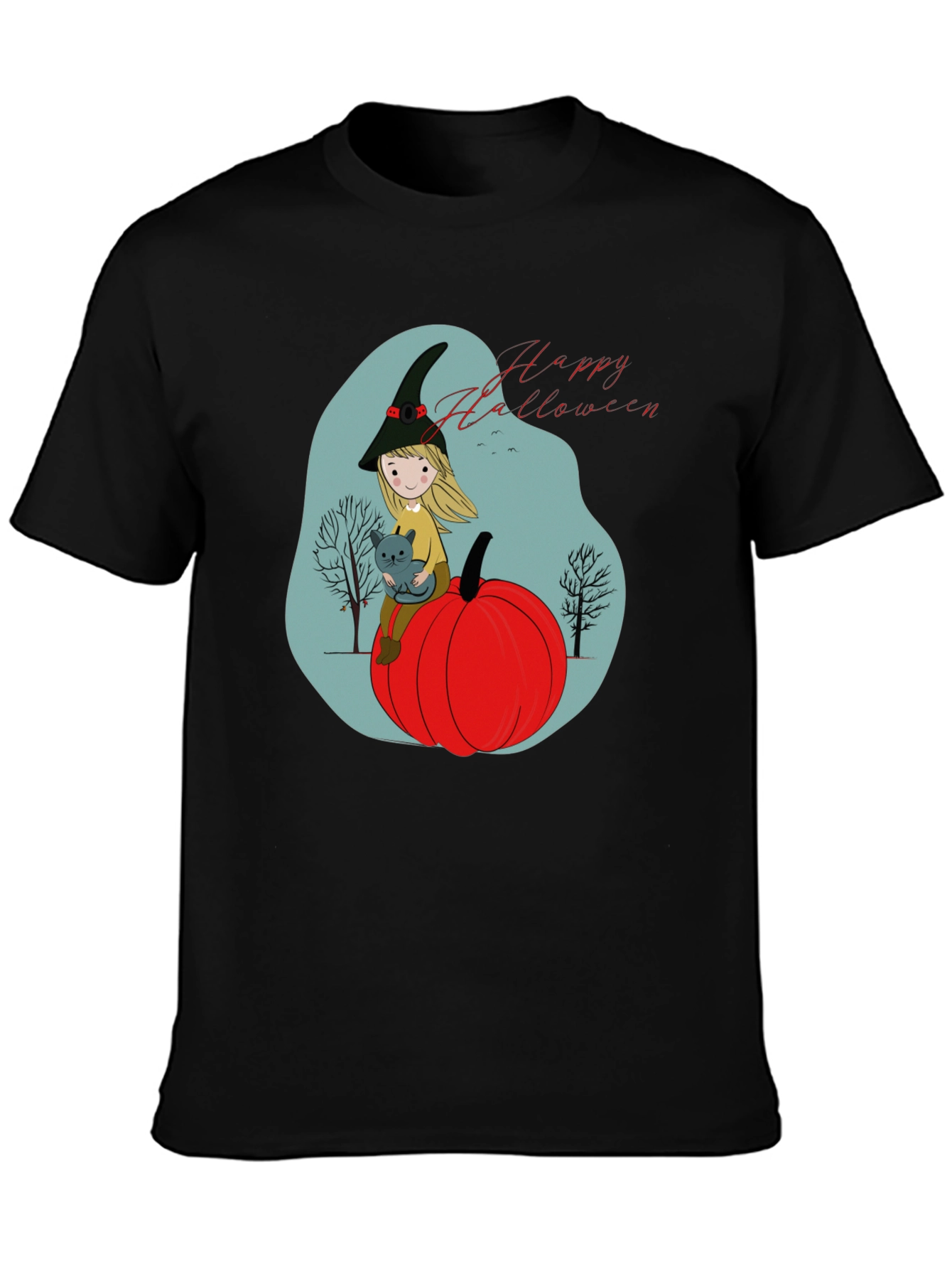 Halloween Witch & Cat Graphic T-Shirt