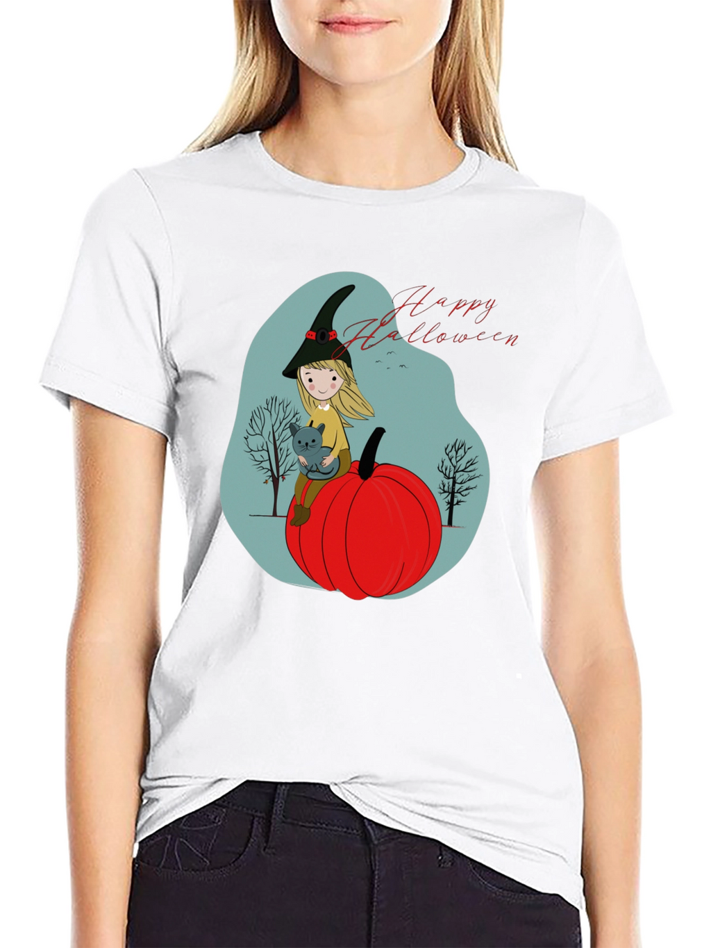 Halloween Witch & Cat Graphic T-Shirt
