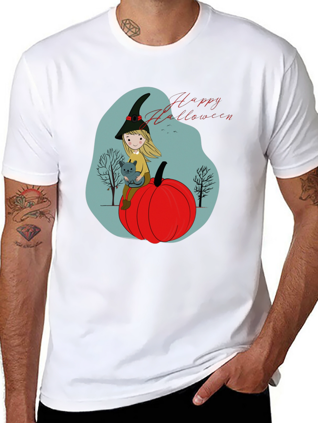 Halloween Witch & Cat Graphic T-Shirt