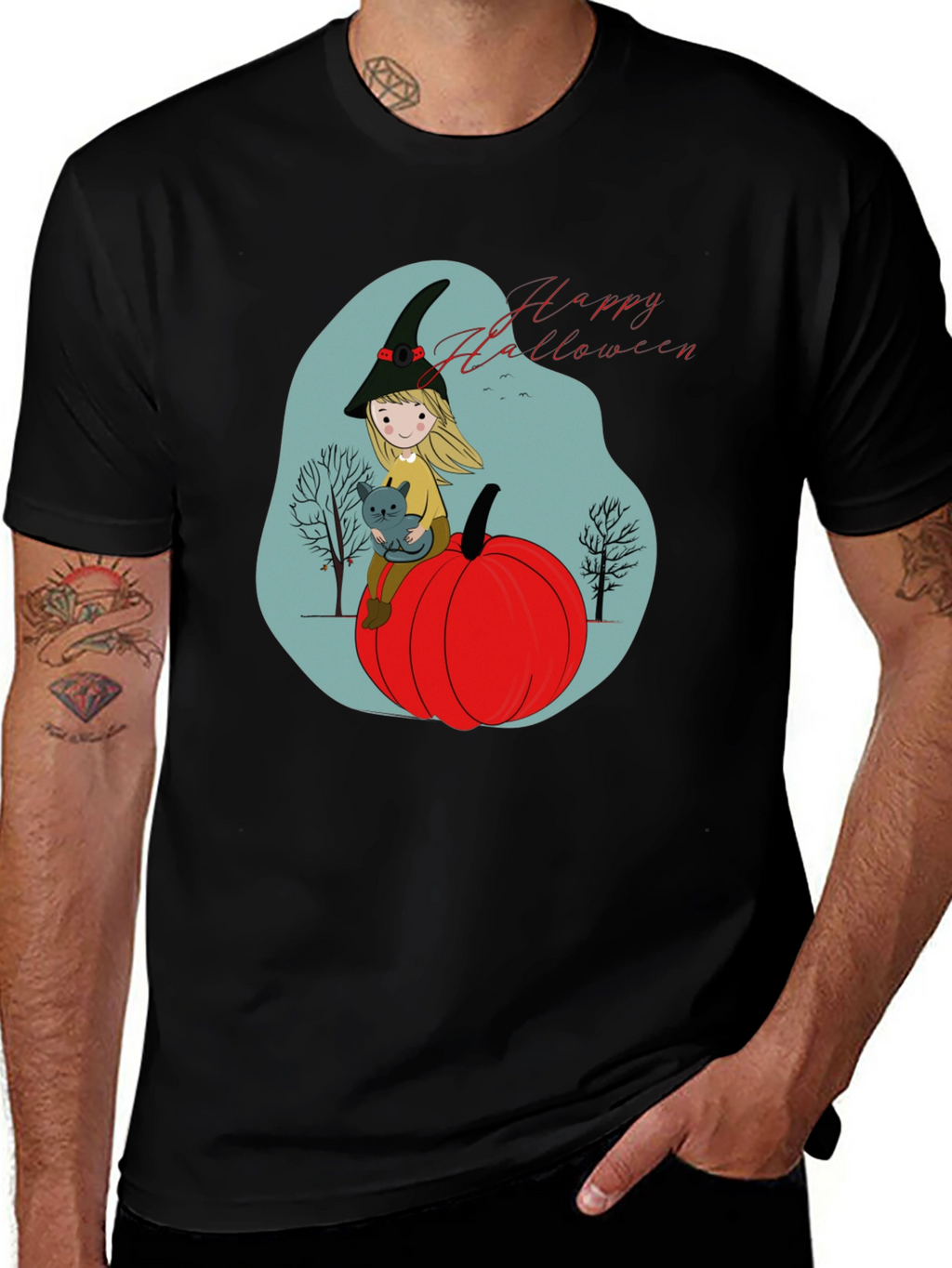 Halloween Witch & Cat Graphic T-Shirt
