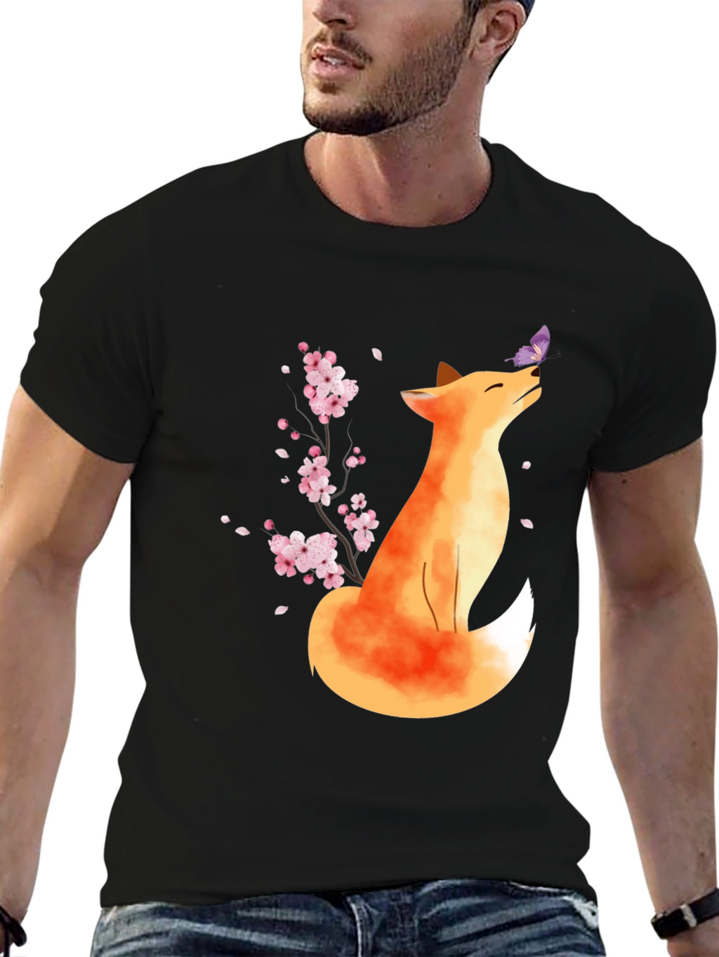 Fox and Butterfly Black T-Shirt