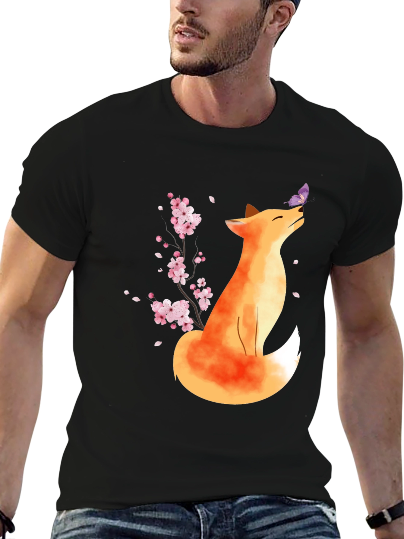 Fox and Butterfly Black T-Shirt
