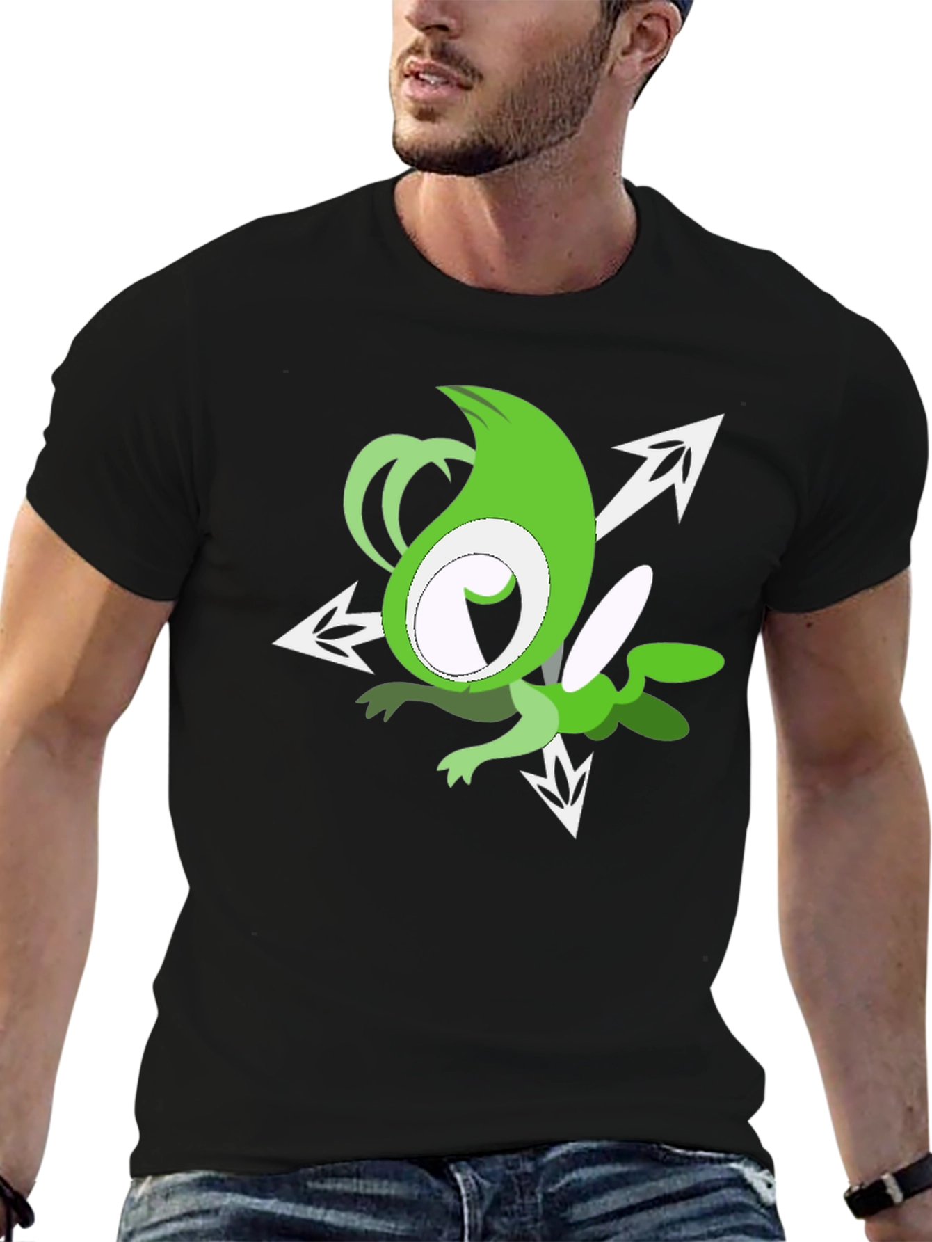 Green Cartoon Character Black T-Shirt