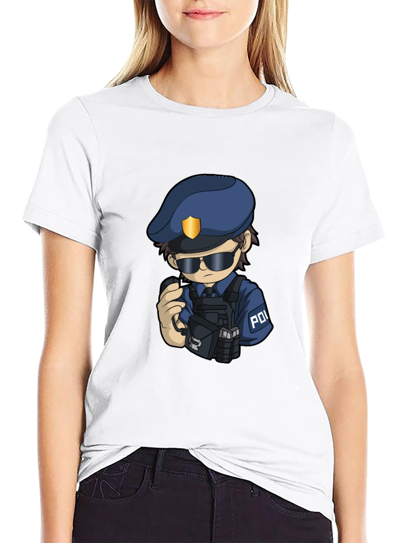 Police Cartoon Character Graphic Tee - Black