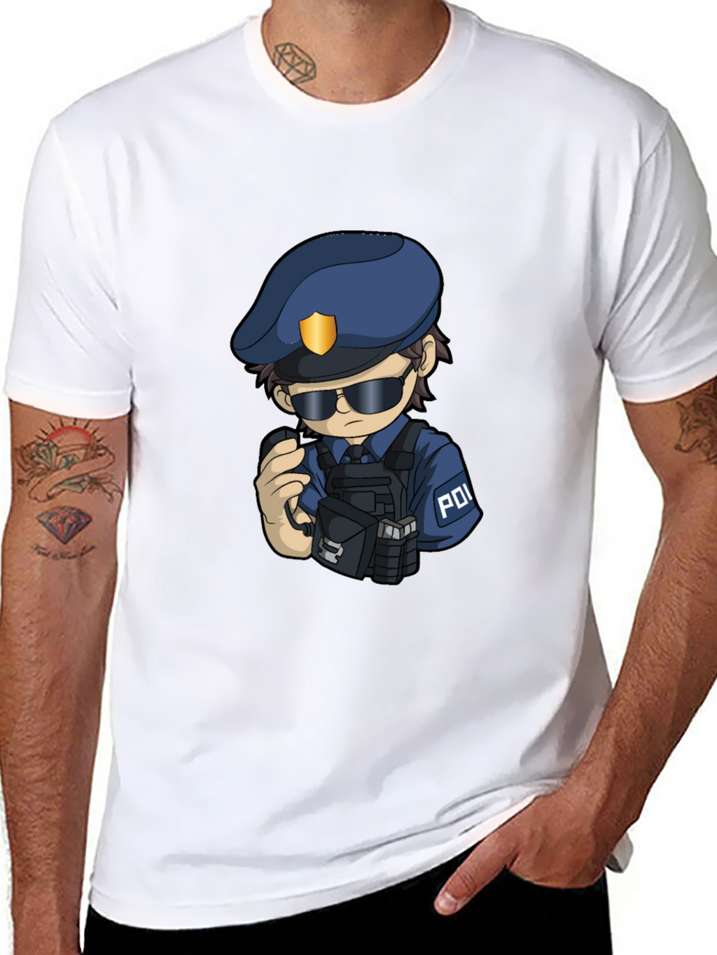 Police Cartoon Character Graphic Tee - Black