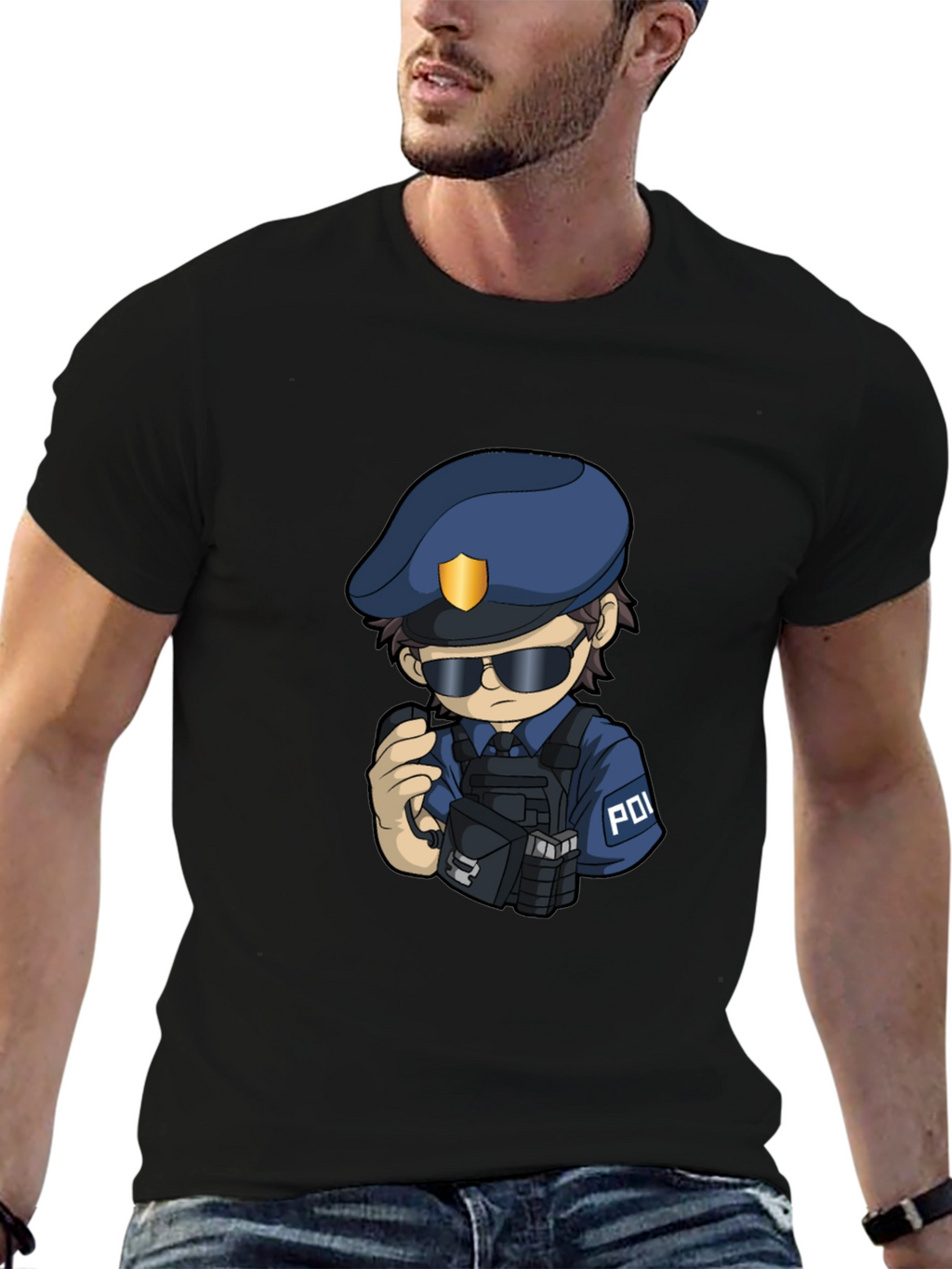 Police Cartoon Character Graphic Tee - Black