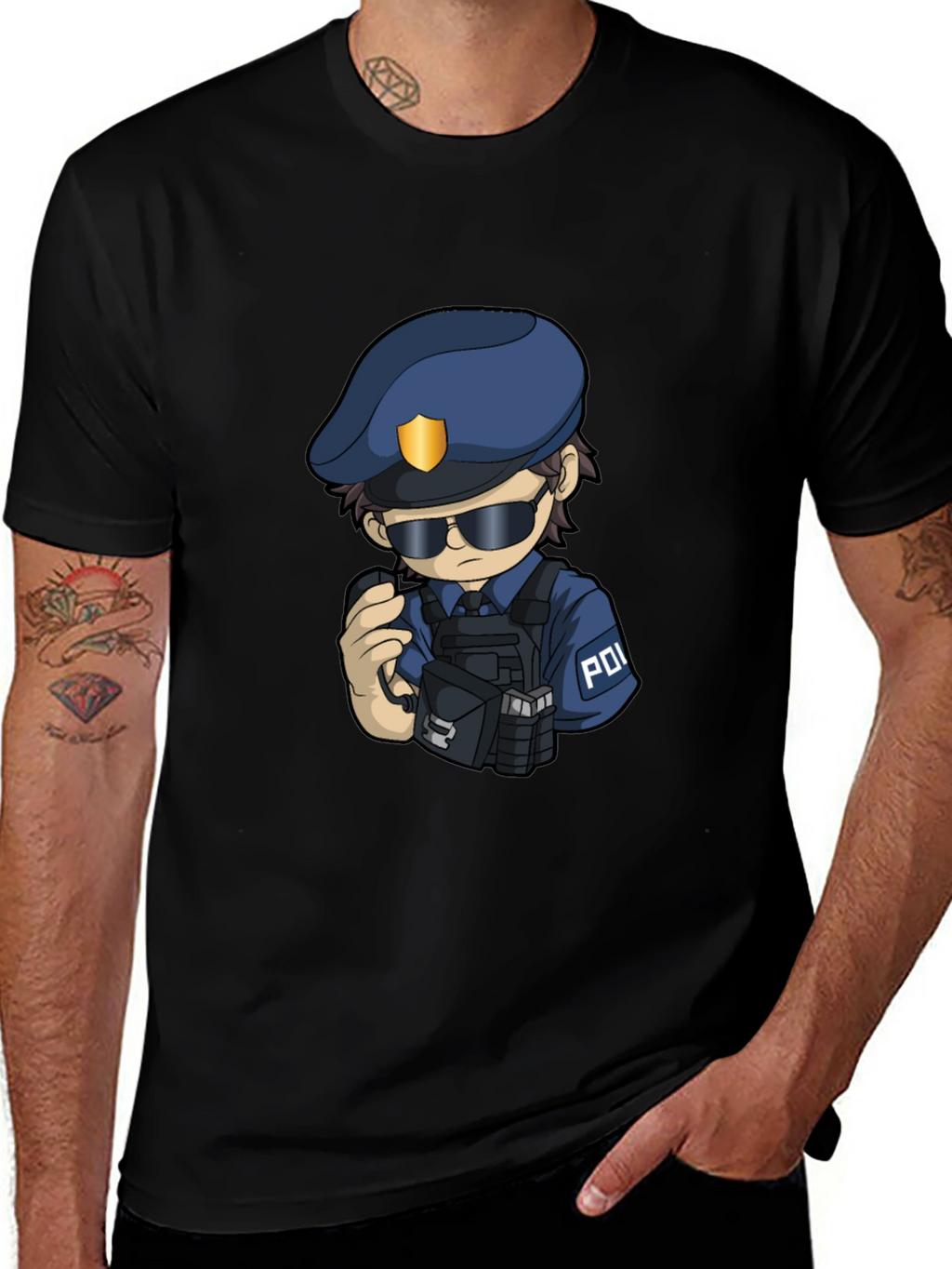 Police Cartoon Character Graphic Tee - Black